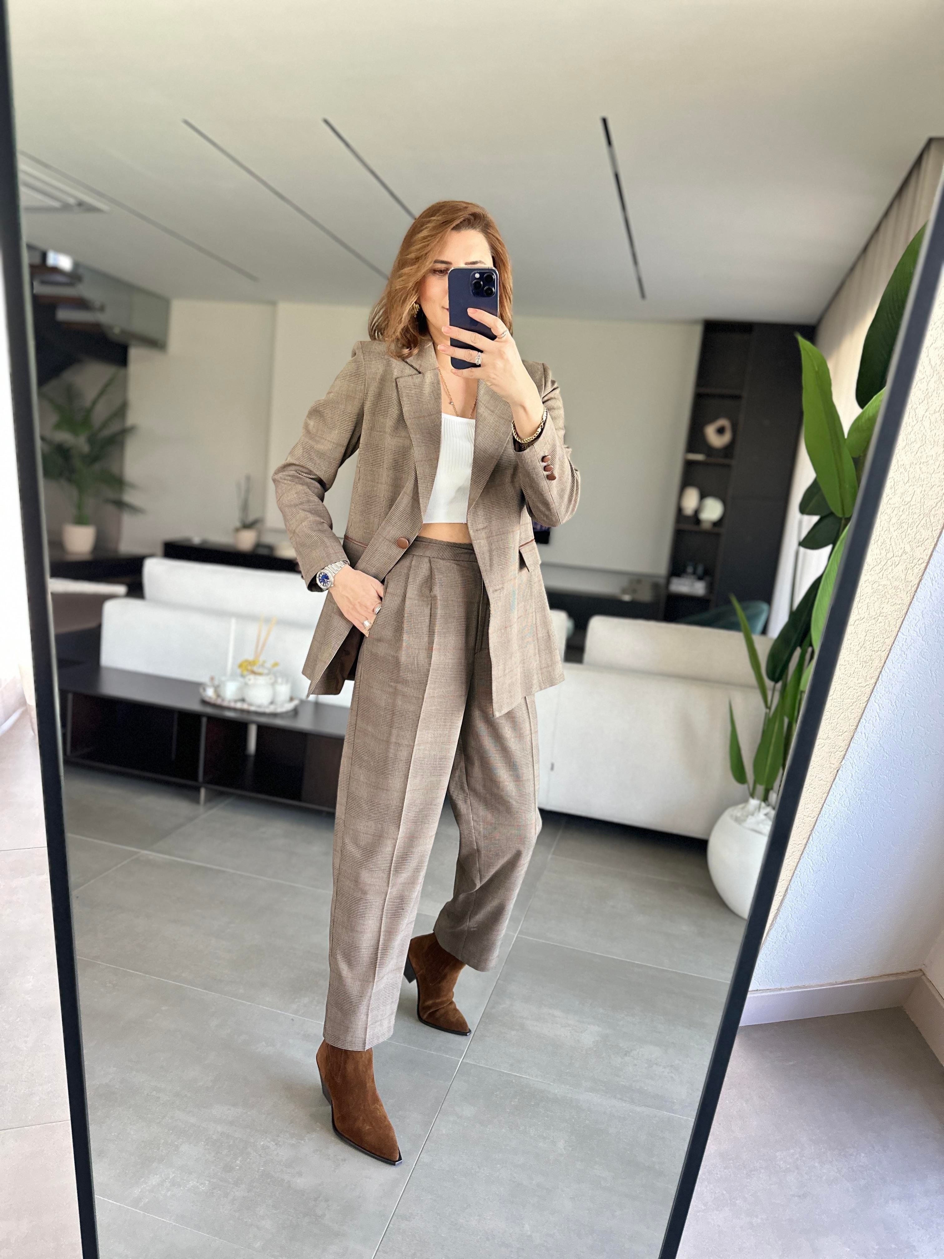 Cep Deri Detaylı Ekoseli Blazer Takım