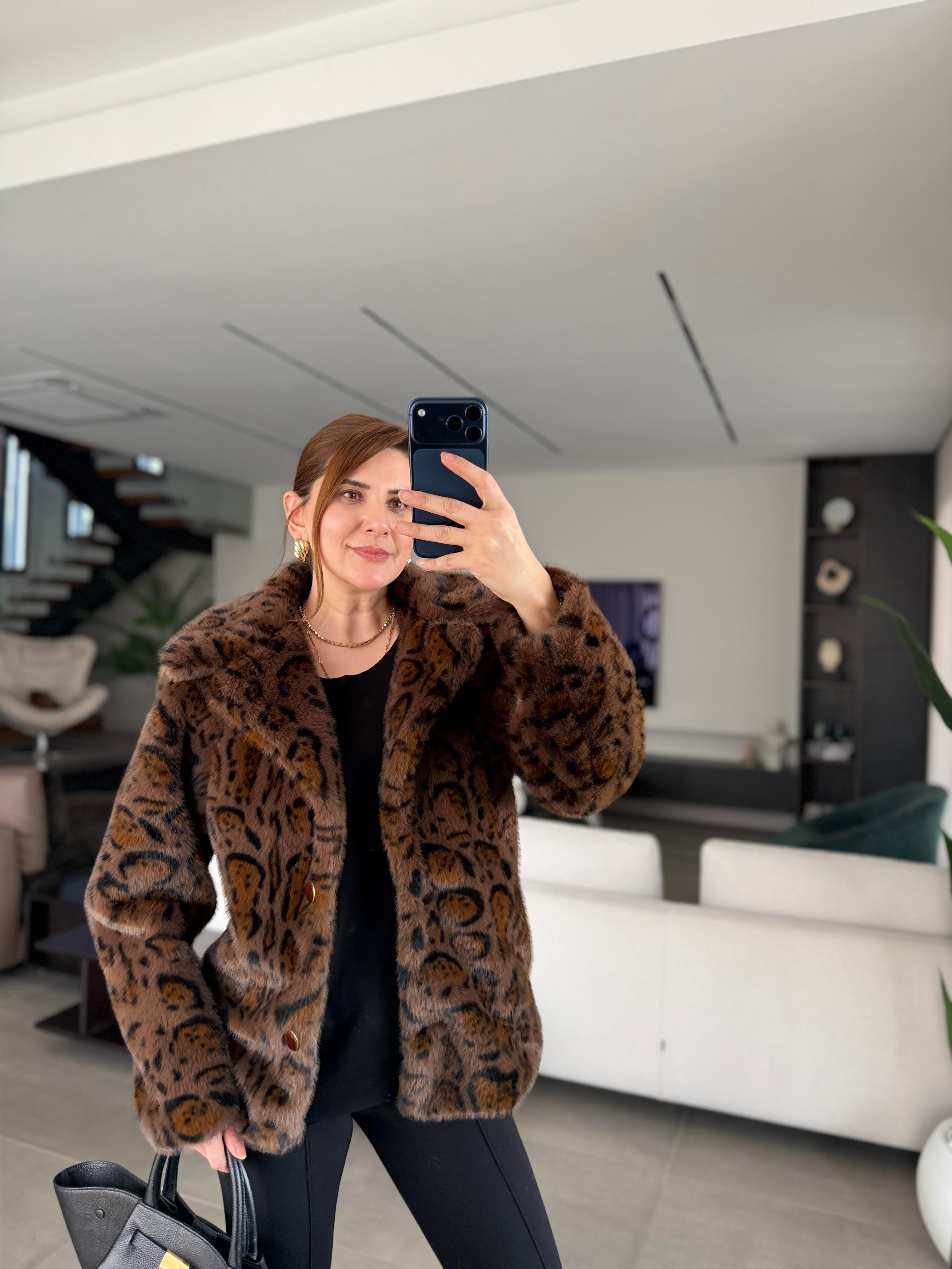 Cepli Kruvaze Yaka Leopar Desenli Ceket