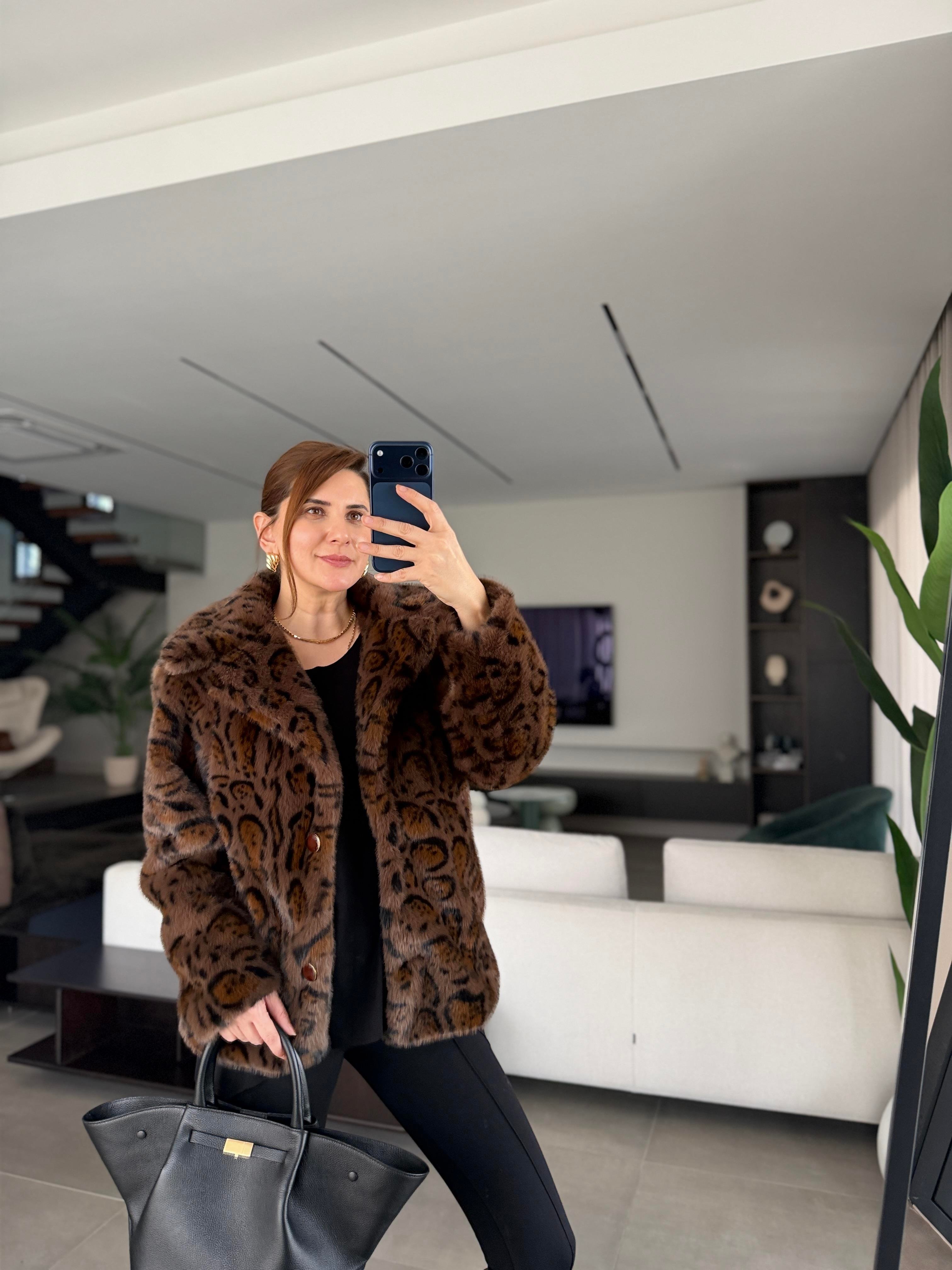 Cepli Kruvaze Yaka Leopar Desenli Ceket
