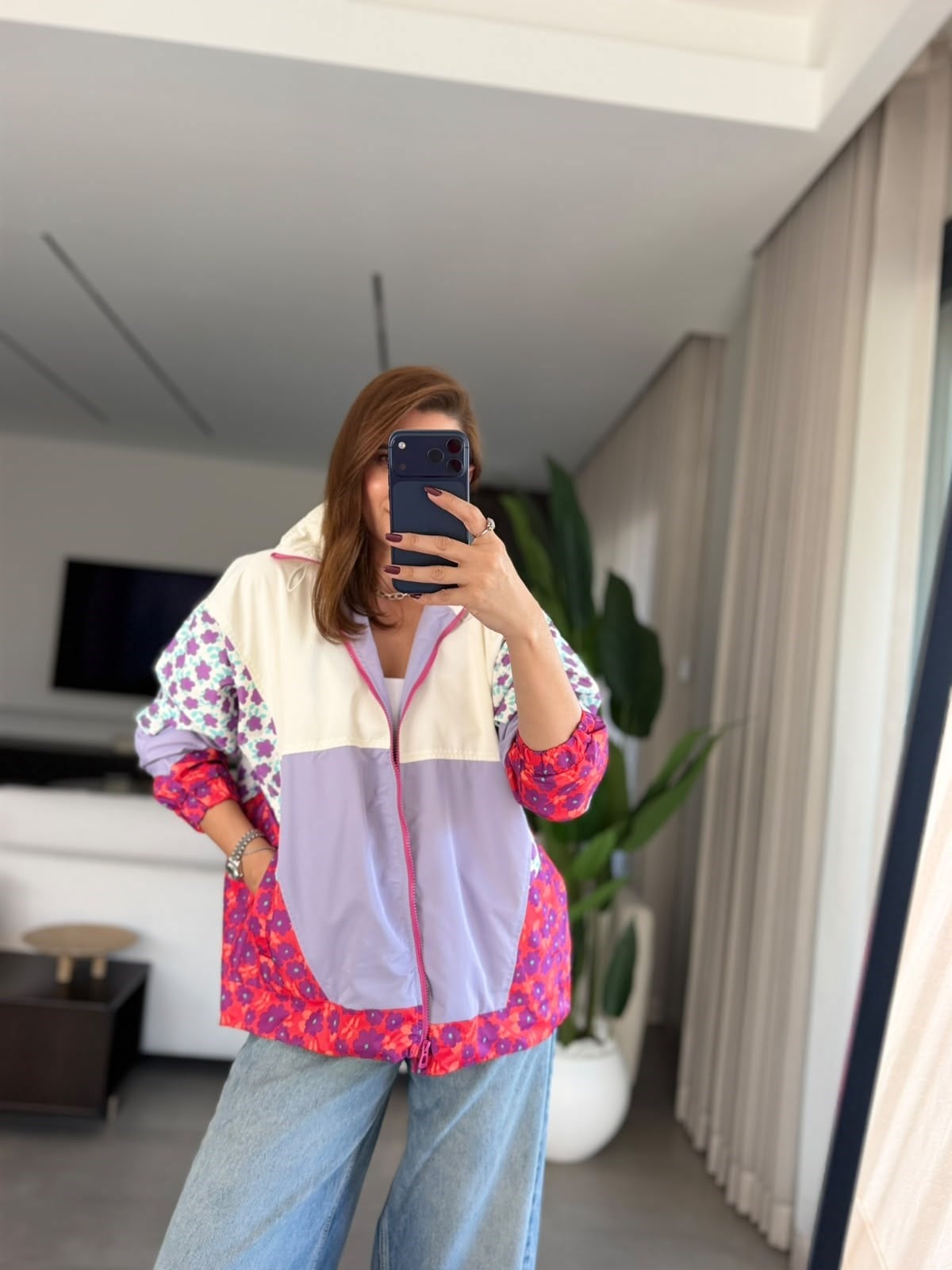 Çiçek Desenli Neon Yağmurluk