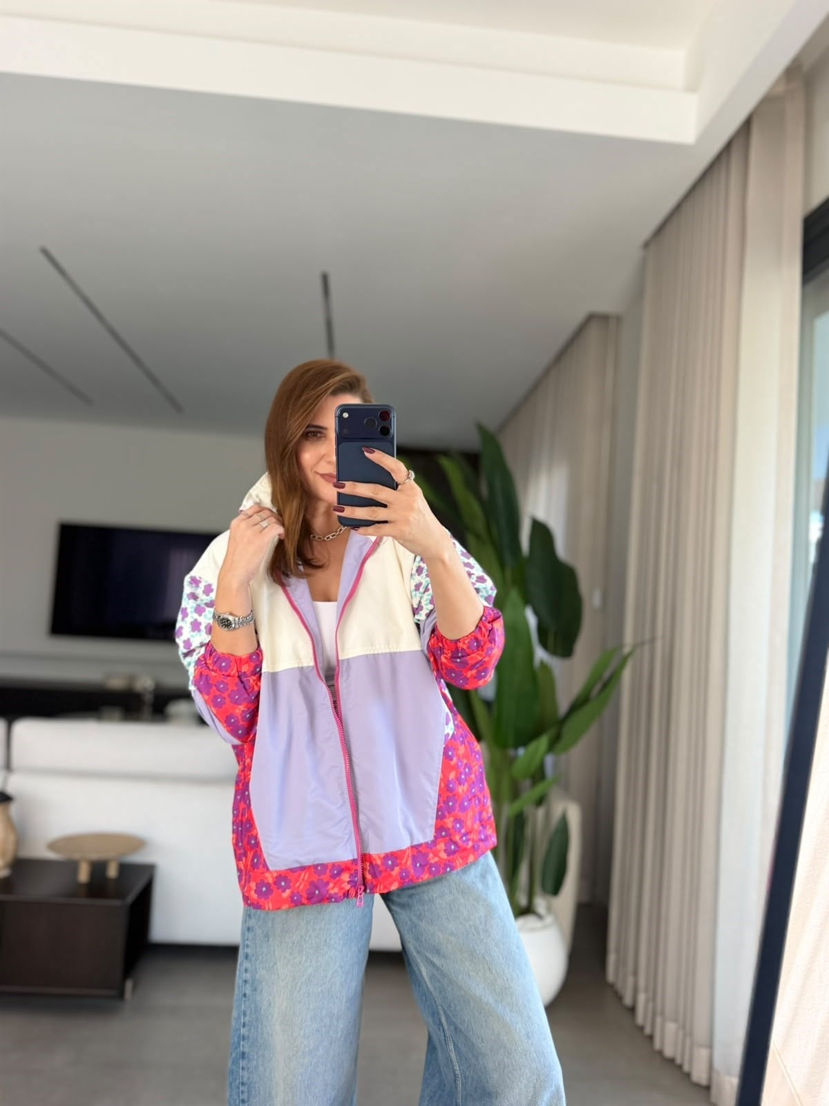 Çiçek Desenli Neon Yağmurluk