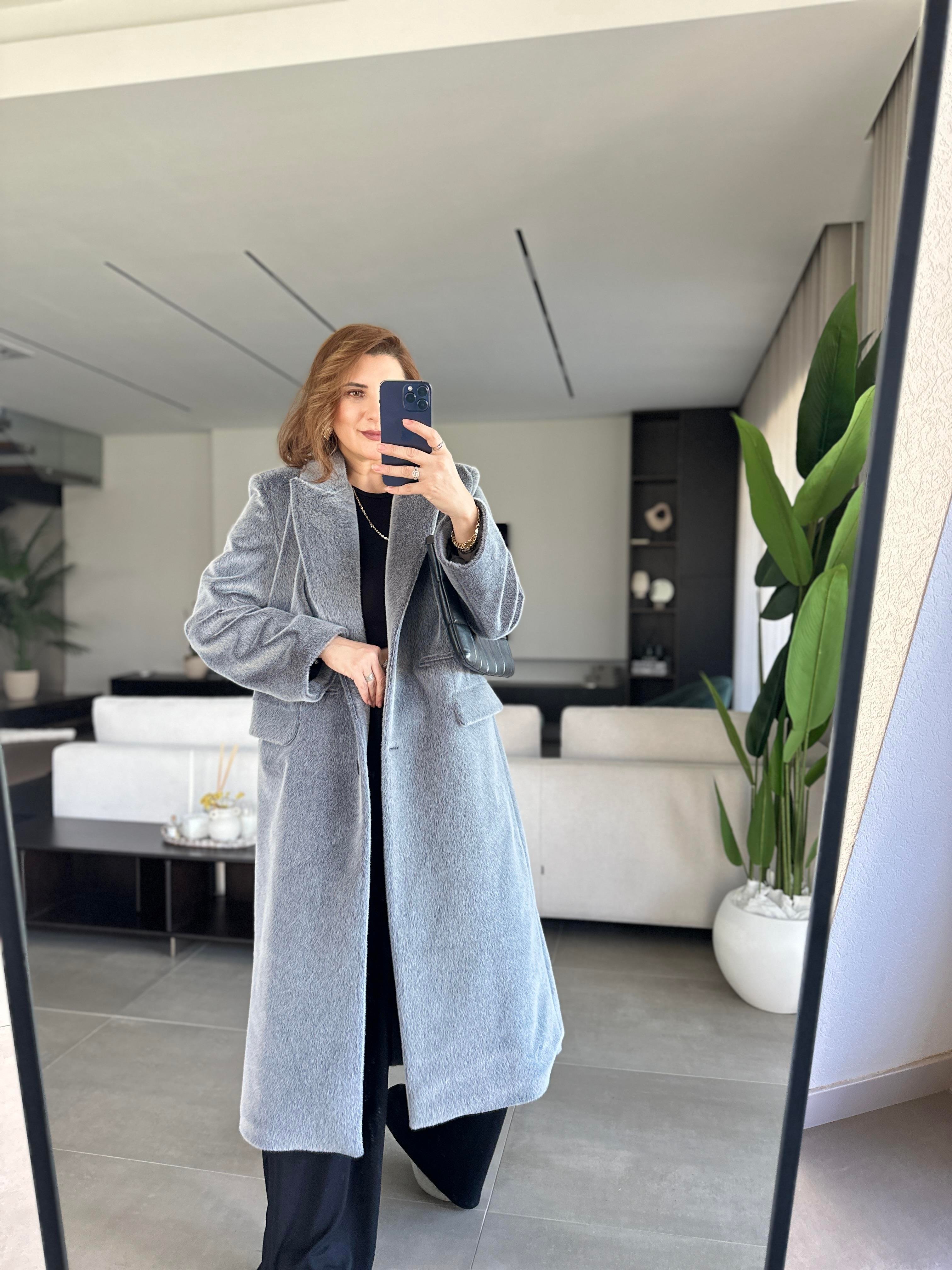 Çift Düğmeli Torba Cepli Tüylü Kaban