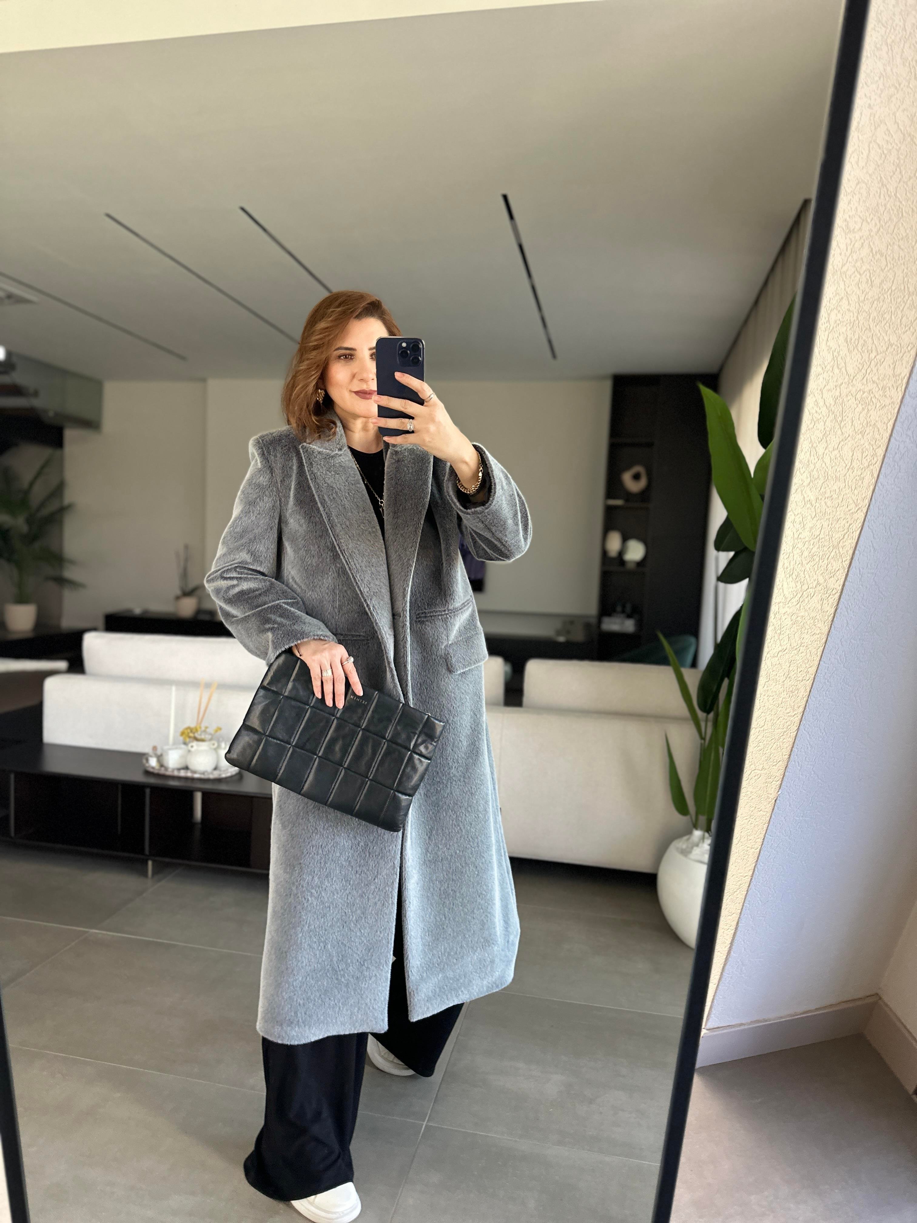 Çift Düğmeli Torba Cepli Tüylü Kaban
