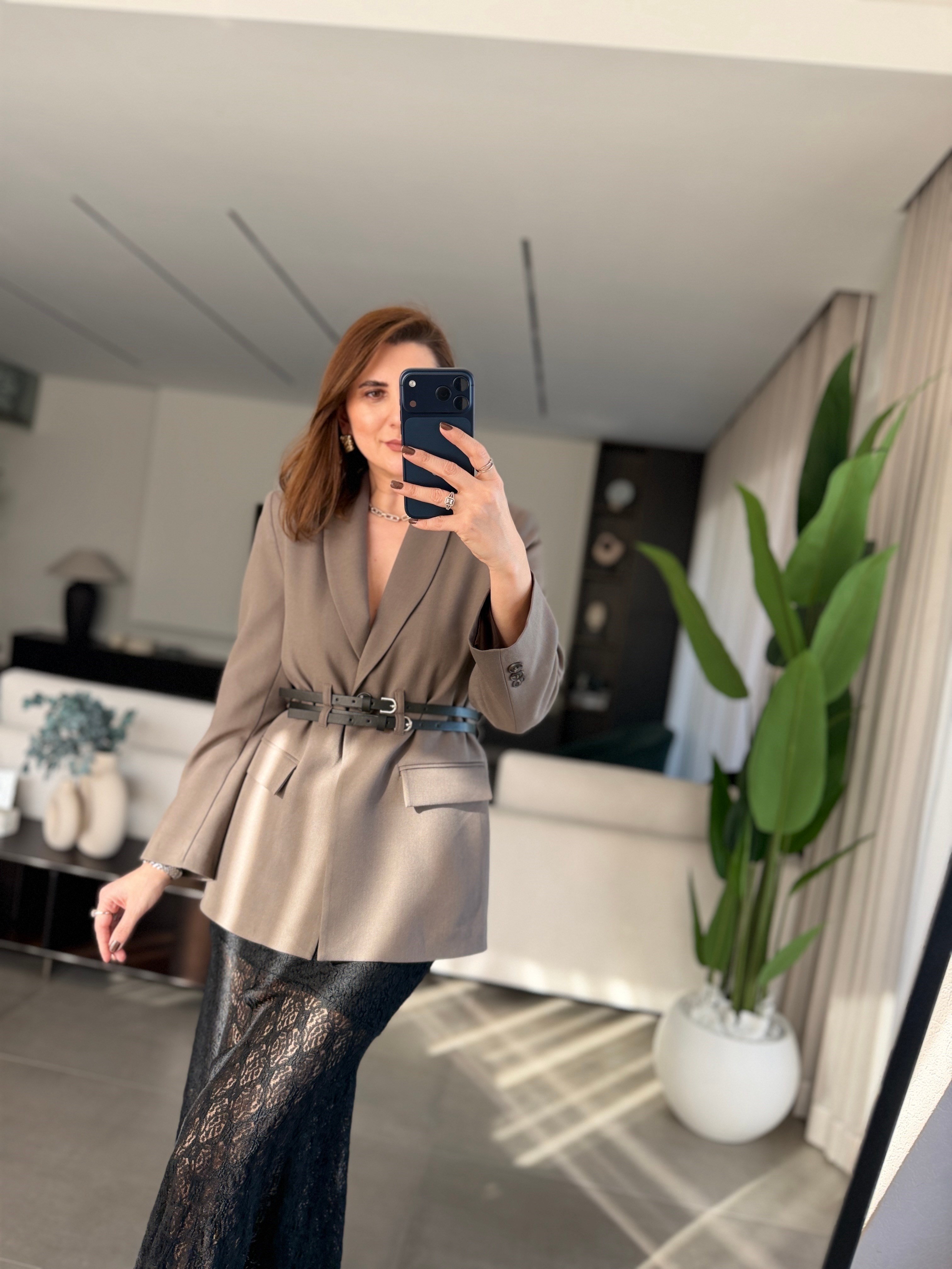 Çift Kemerli Blazer Ceket