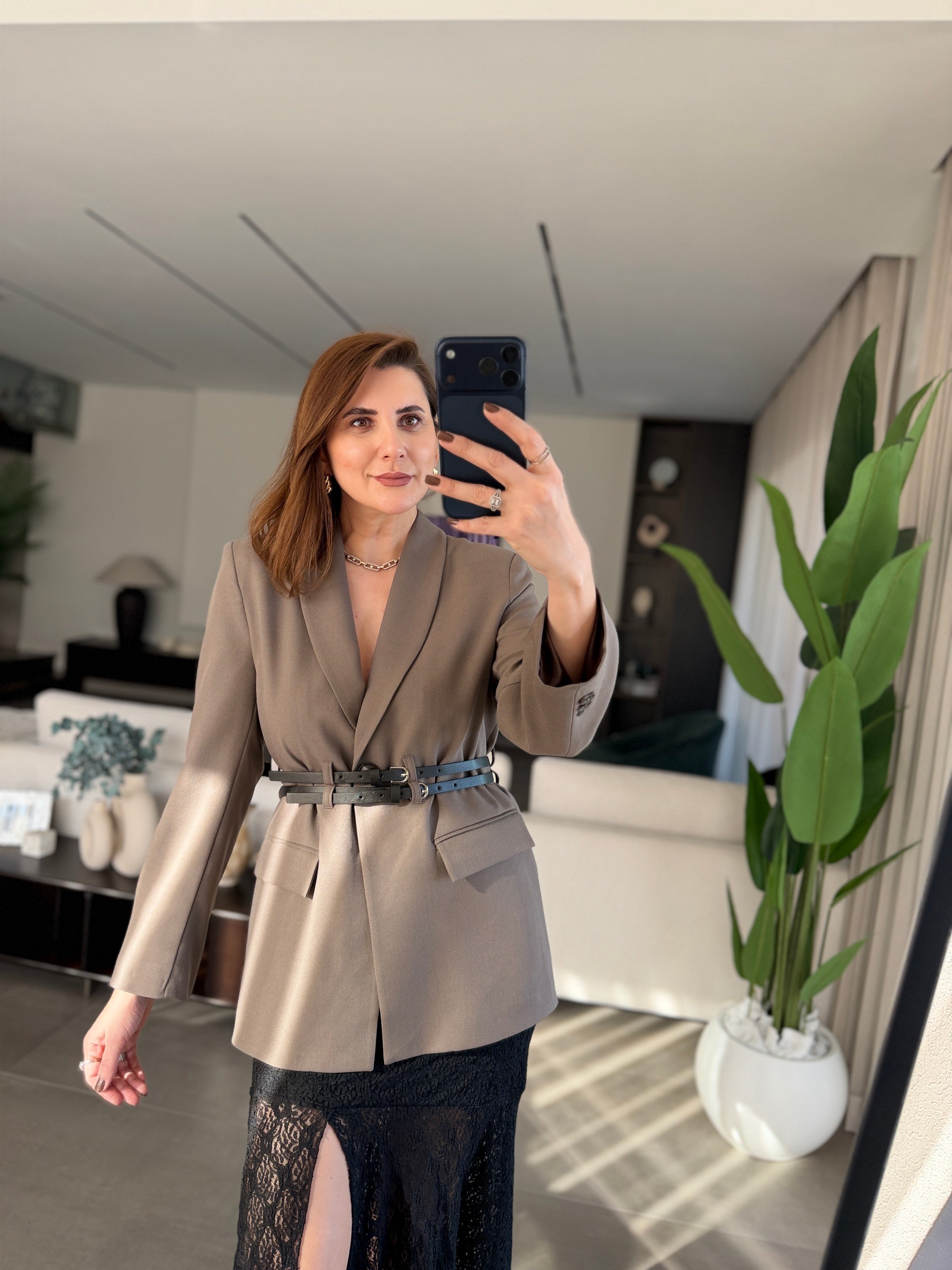 Çift Kemerli Blazer Ceket