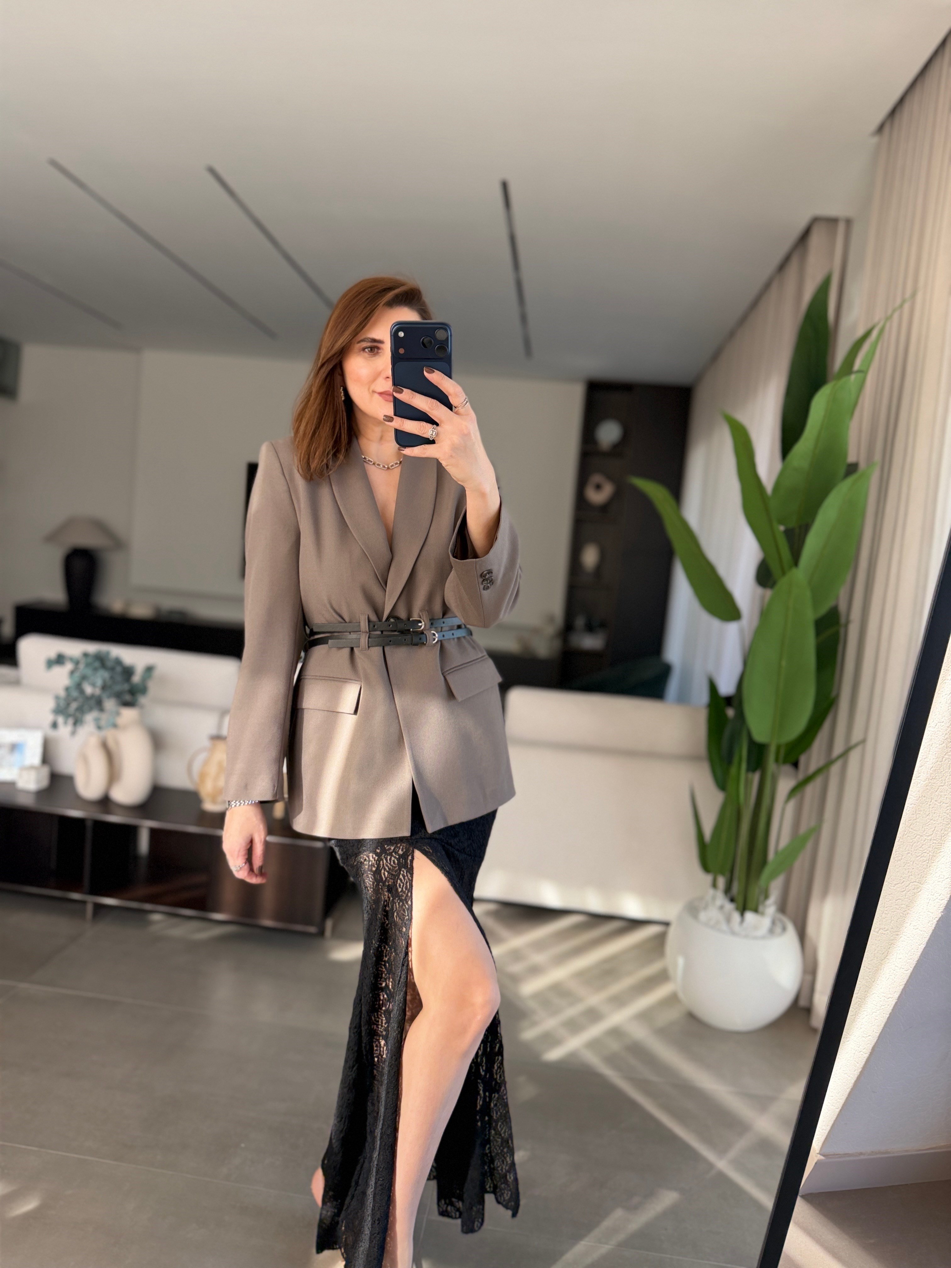 Çift Kemerli Blazer Ceket