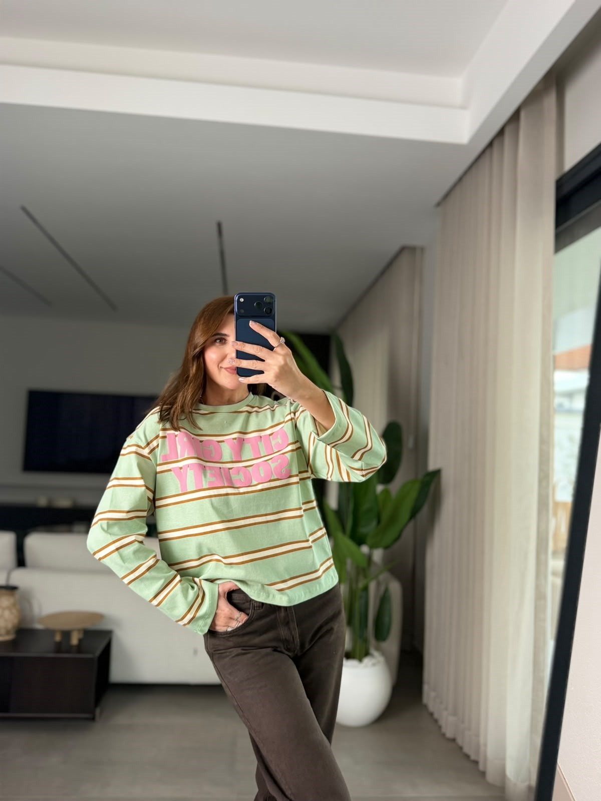 City Girl Baskılı Çizgili Sweatshırt