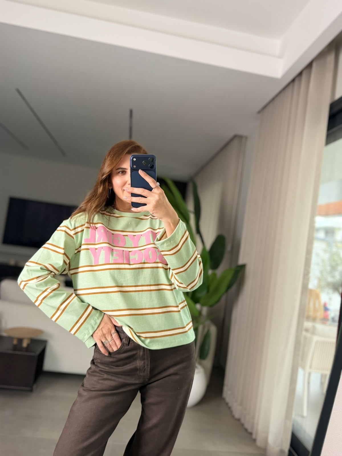 City Girl Baskılı Çizgili Sweatshırt
