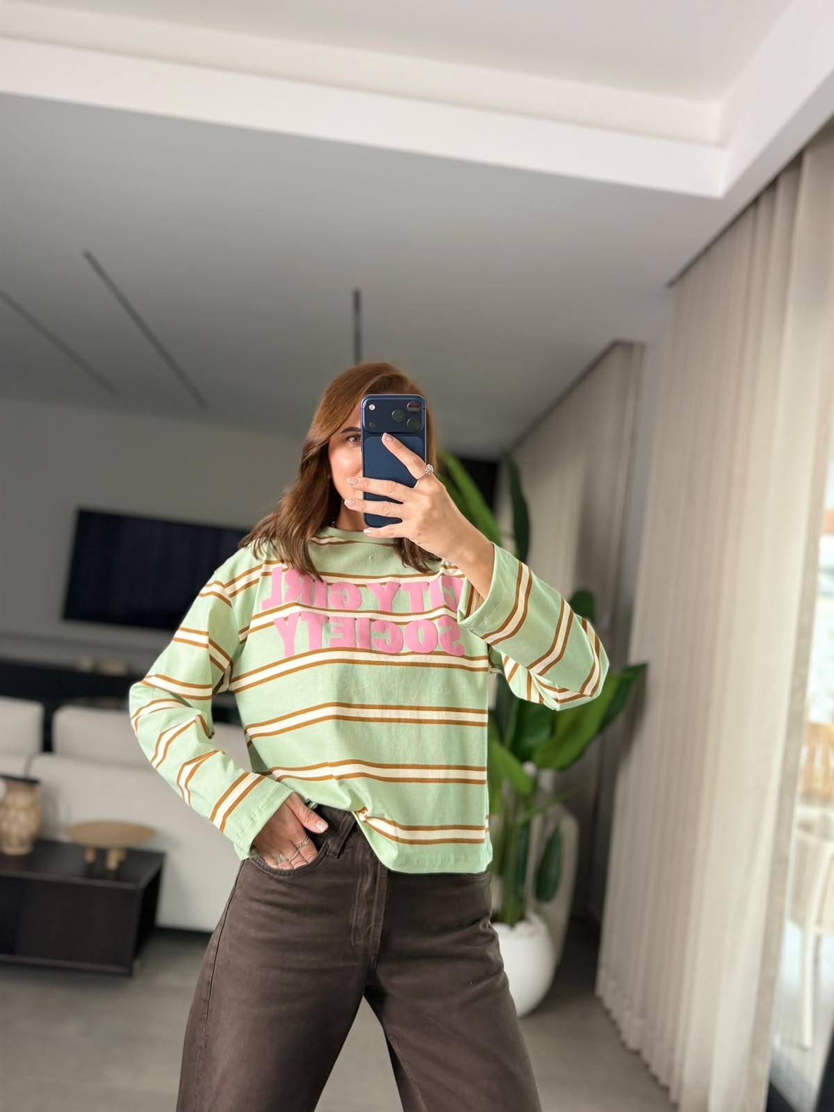 City Girl Baskılı Çizgili Sweatshırt