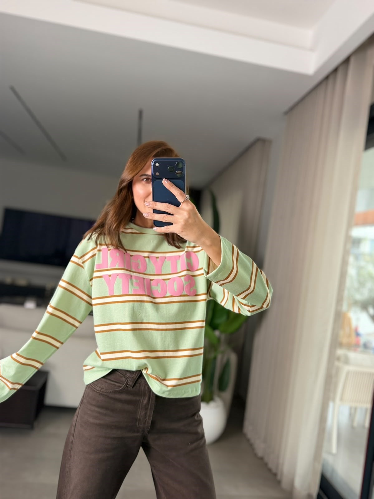 City Girl Baskılı Çizgili Sweatshırt
