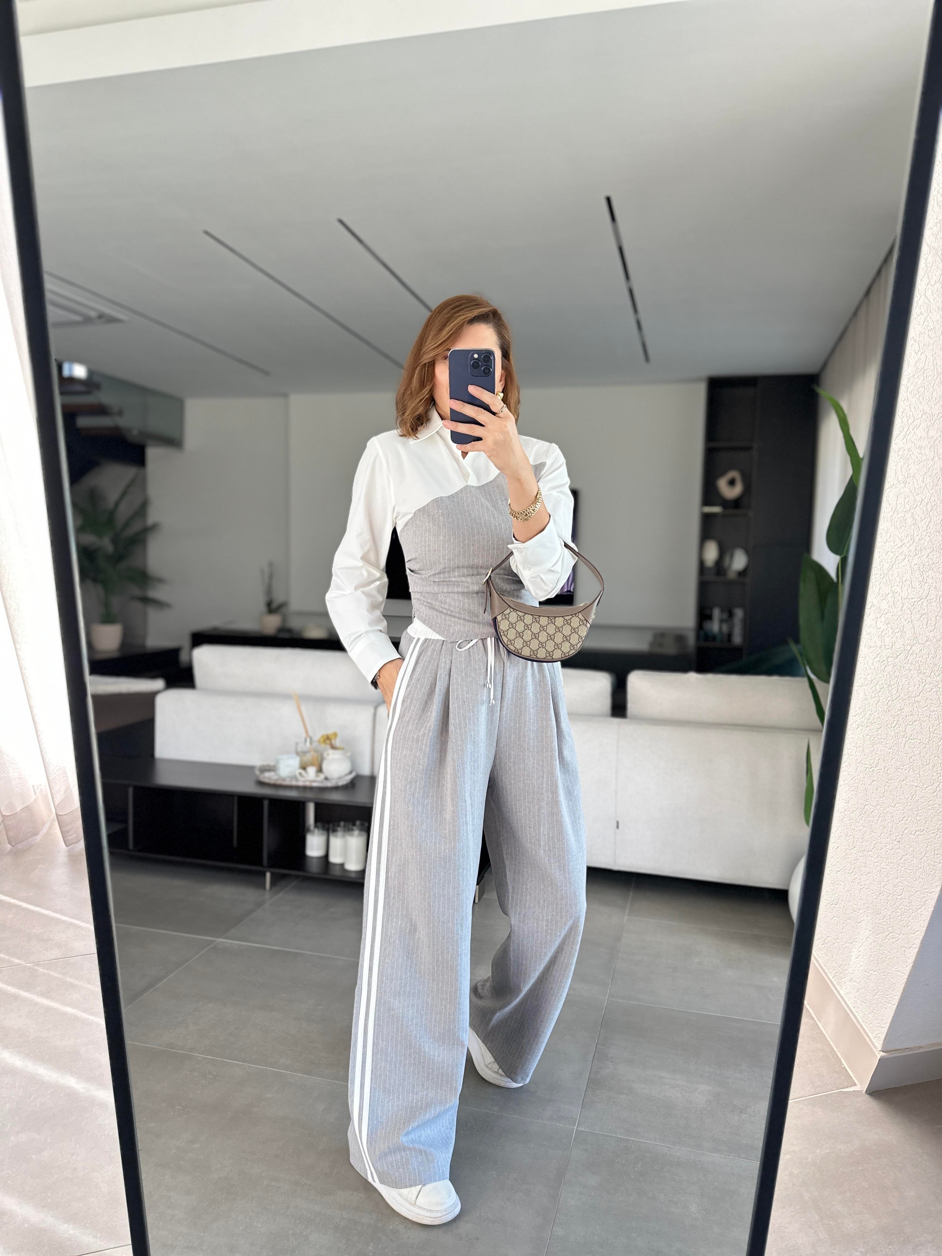 Çizgili Kumaş Bluzlu Biye Detaylı Pantolon Takım