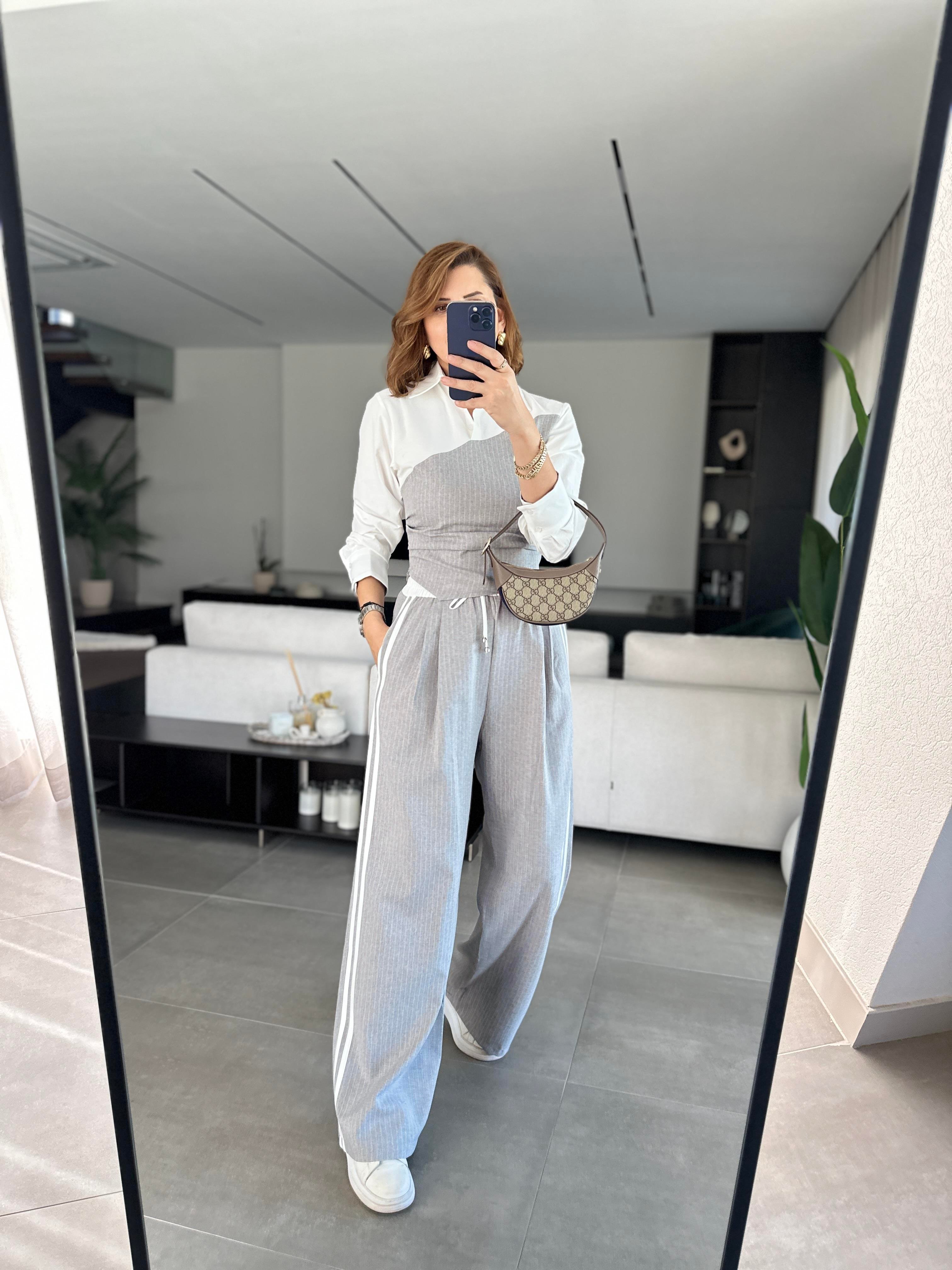 Çizgili Kumaş Bluzlu Biye Detaylı Pantolon Takım