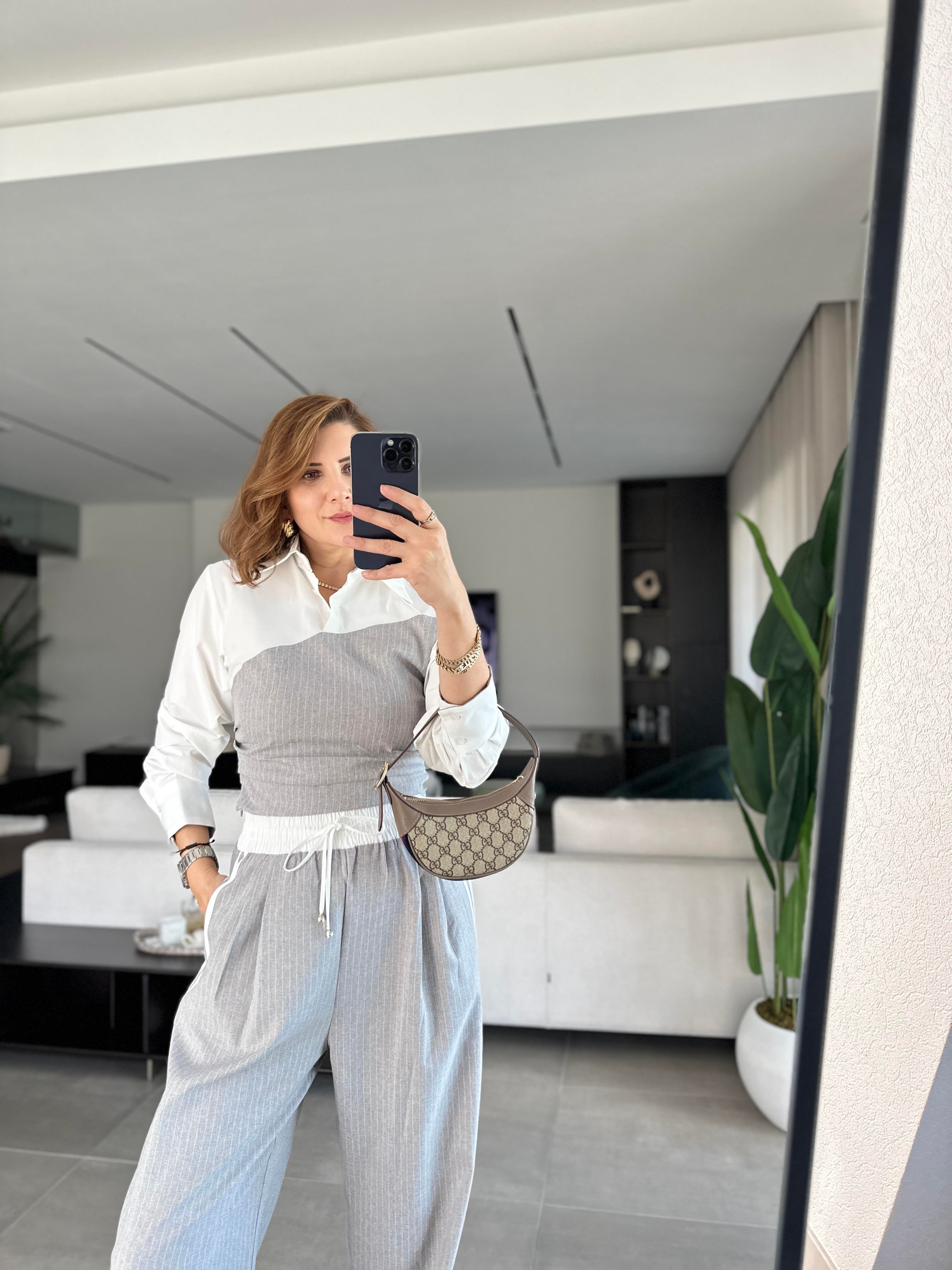 Çizgili Kumaş Bluzlu Biye Detaylı Pantolon Takım