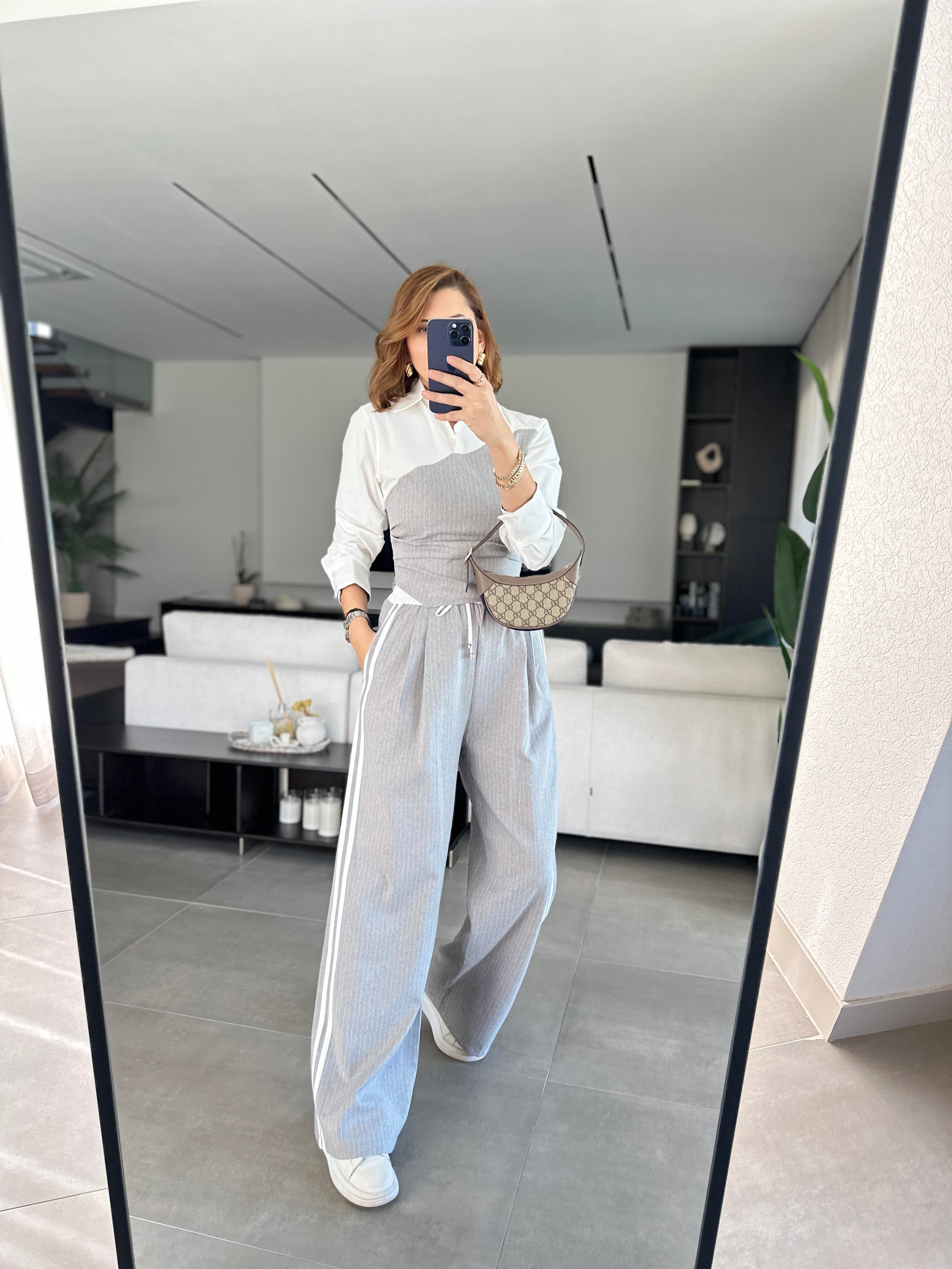 Çizgili Kumaş Bluzlu Biye Detaylı Pantolon Takım
