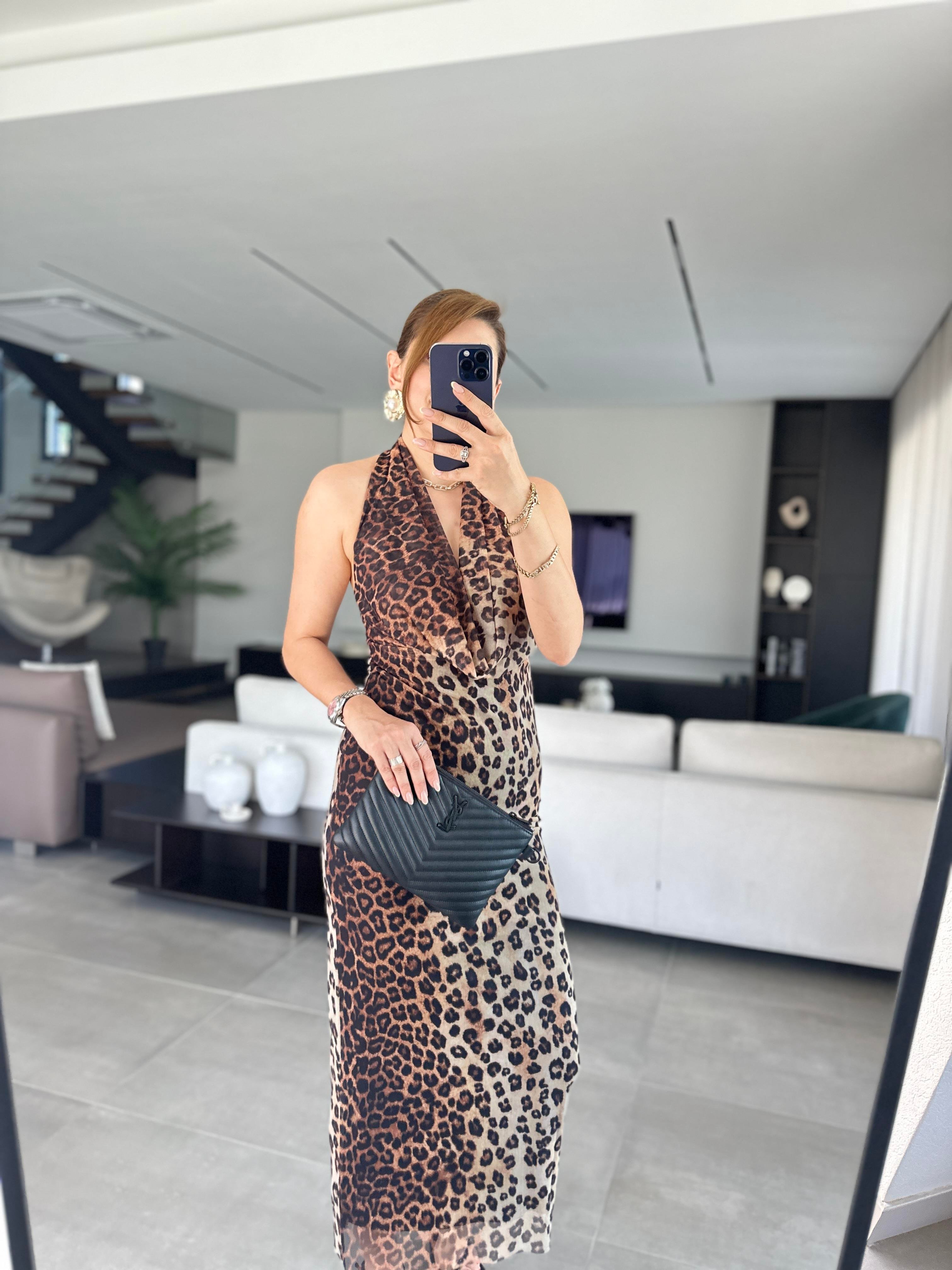 Degaje Yaka Boyun Detaylı Leopar Elbise