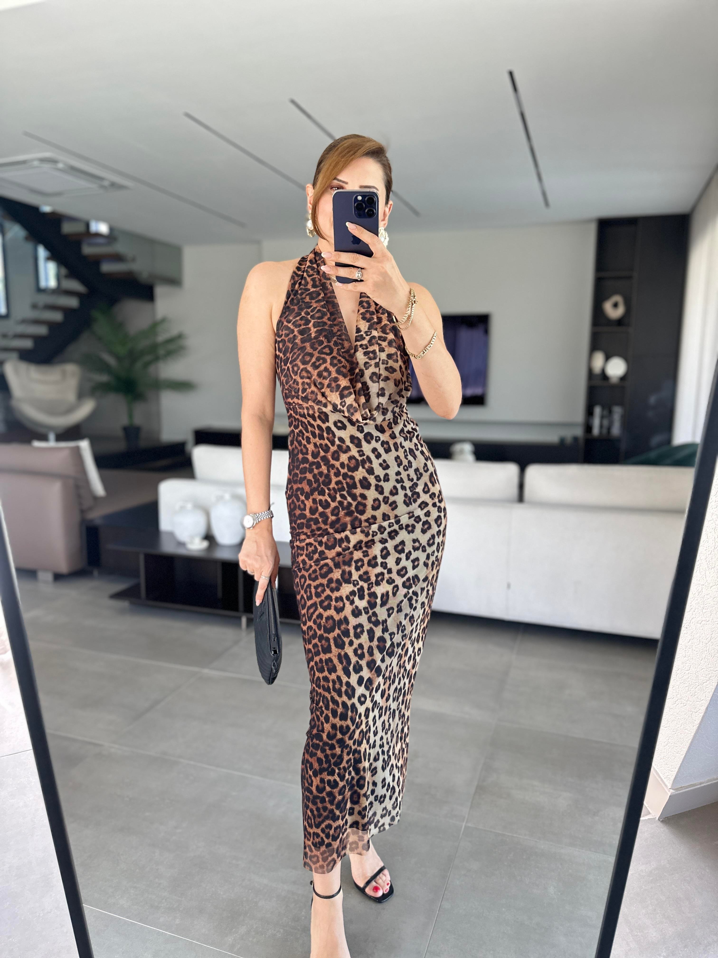 Degaje Yaka Boyun Detaylı Leopar Elbise