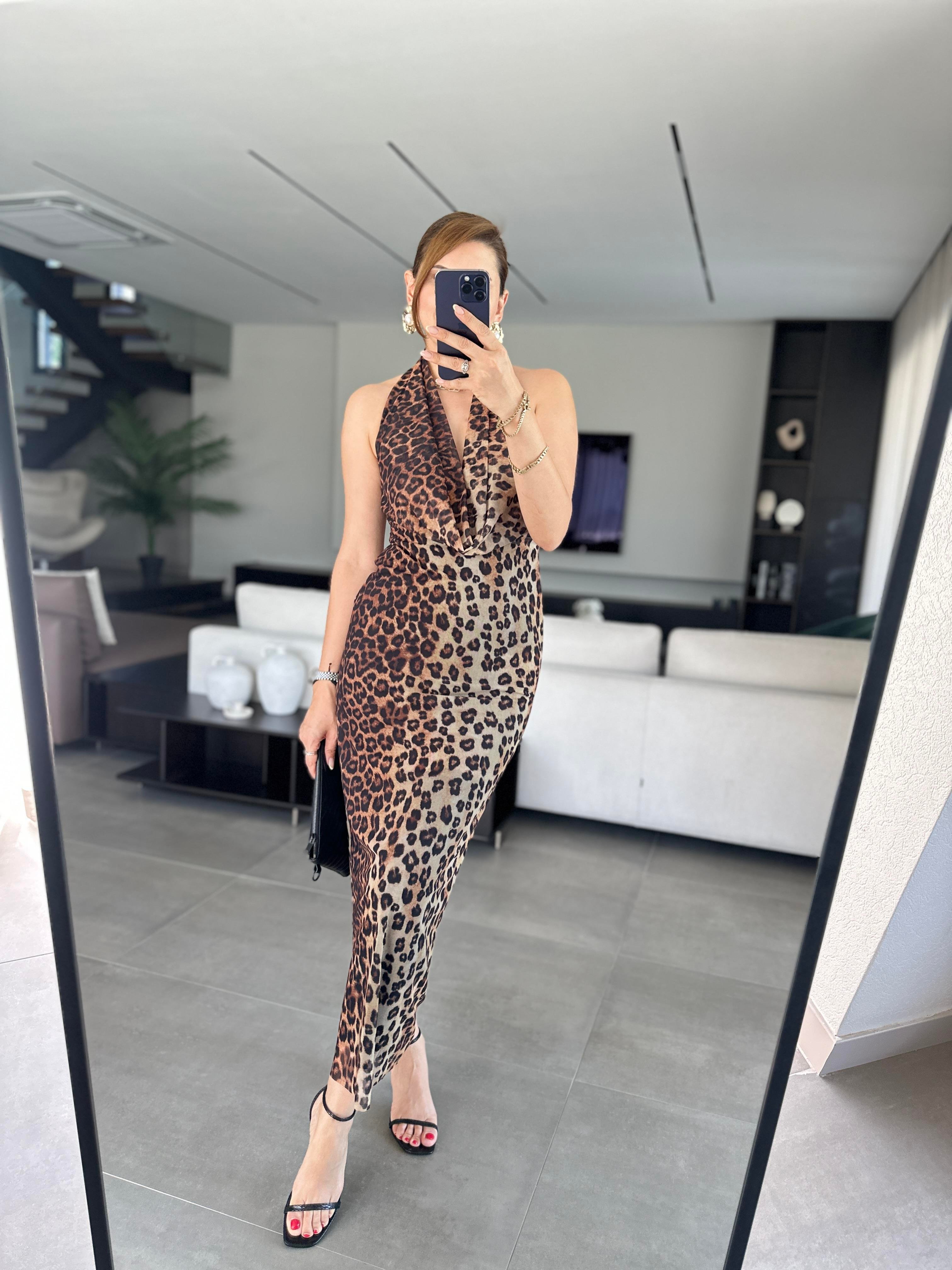 Degaje Yaka Boyun Detaylı Leopar Elbise