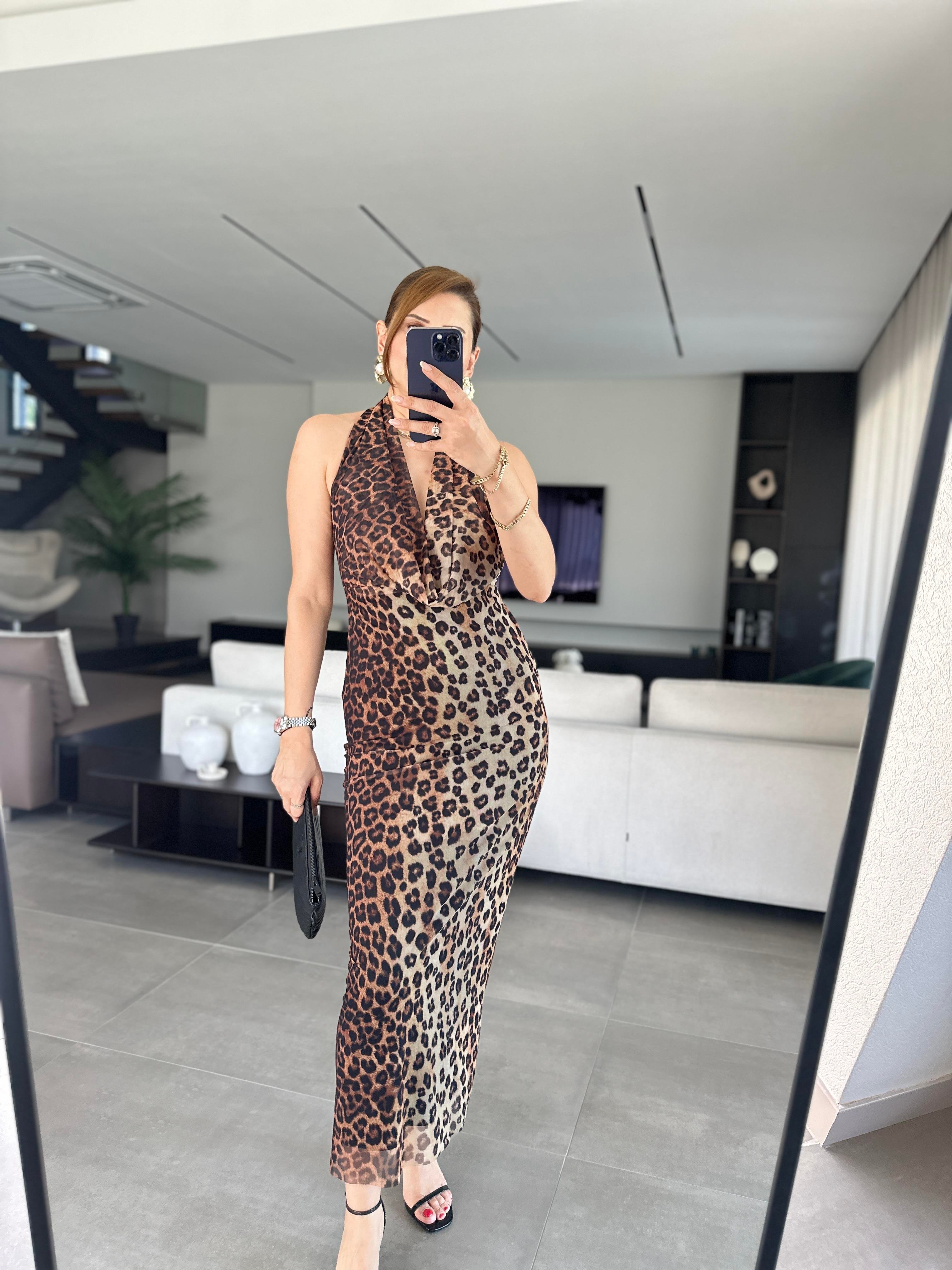 Degaje Yaka Boyun Detaylı Leopar Elbise