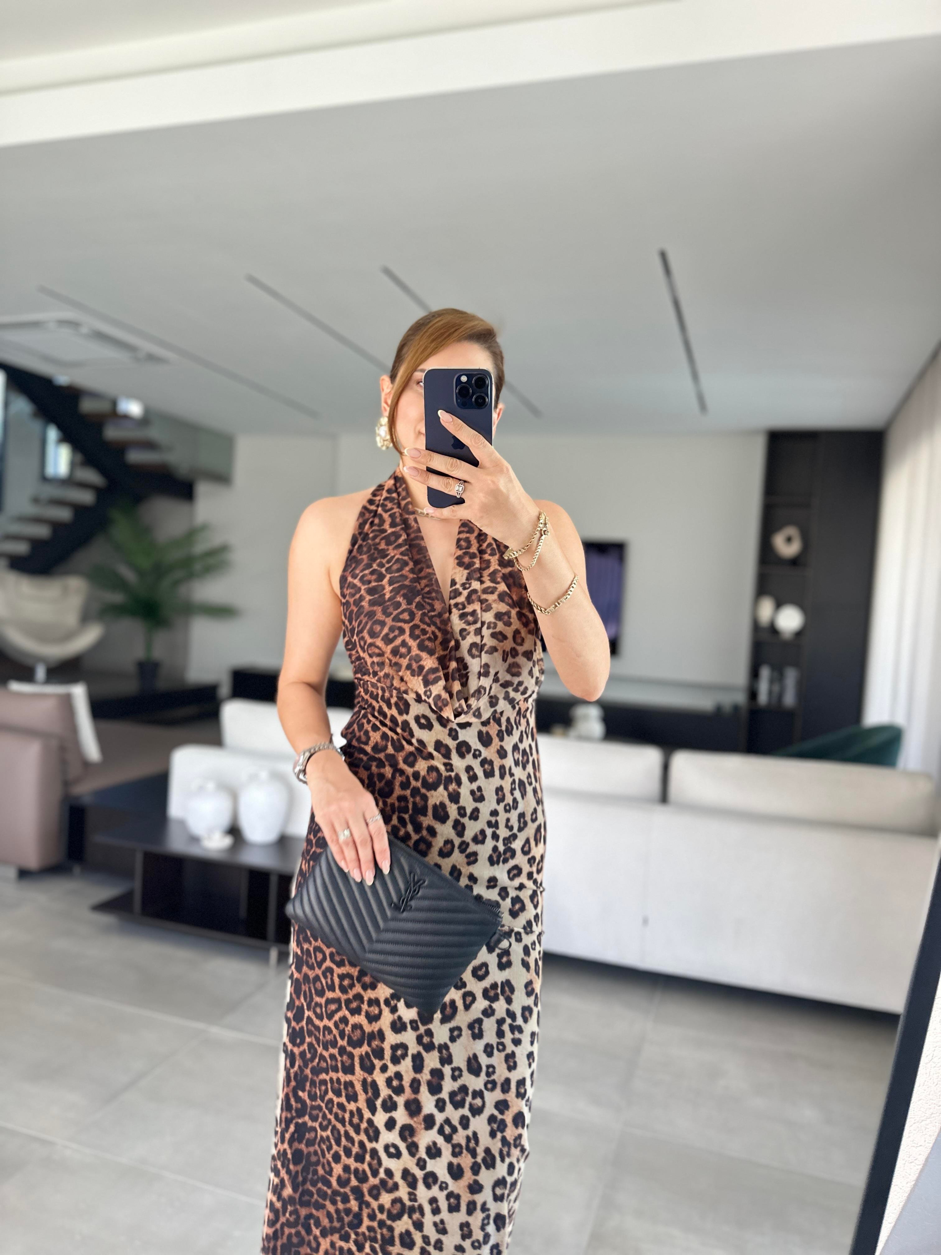 Degaje Yaka Boyun Detaylı Leopar Elbise