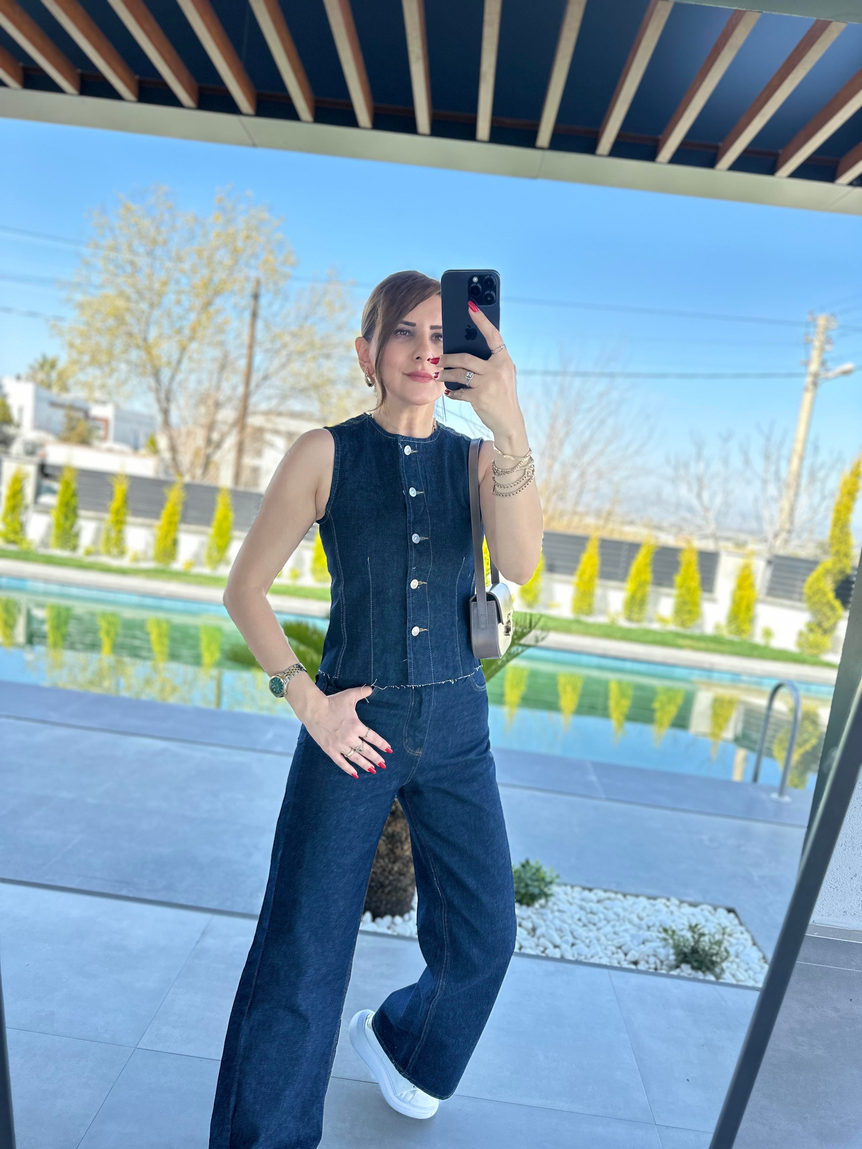 Denim Yelek Palazzo Pantolon İkili Takım