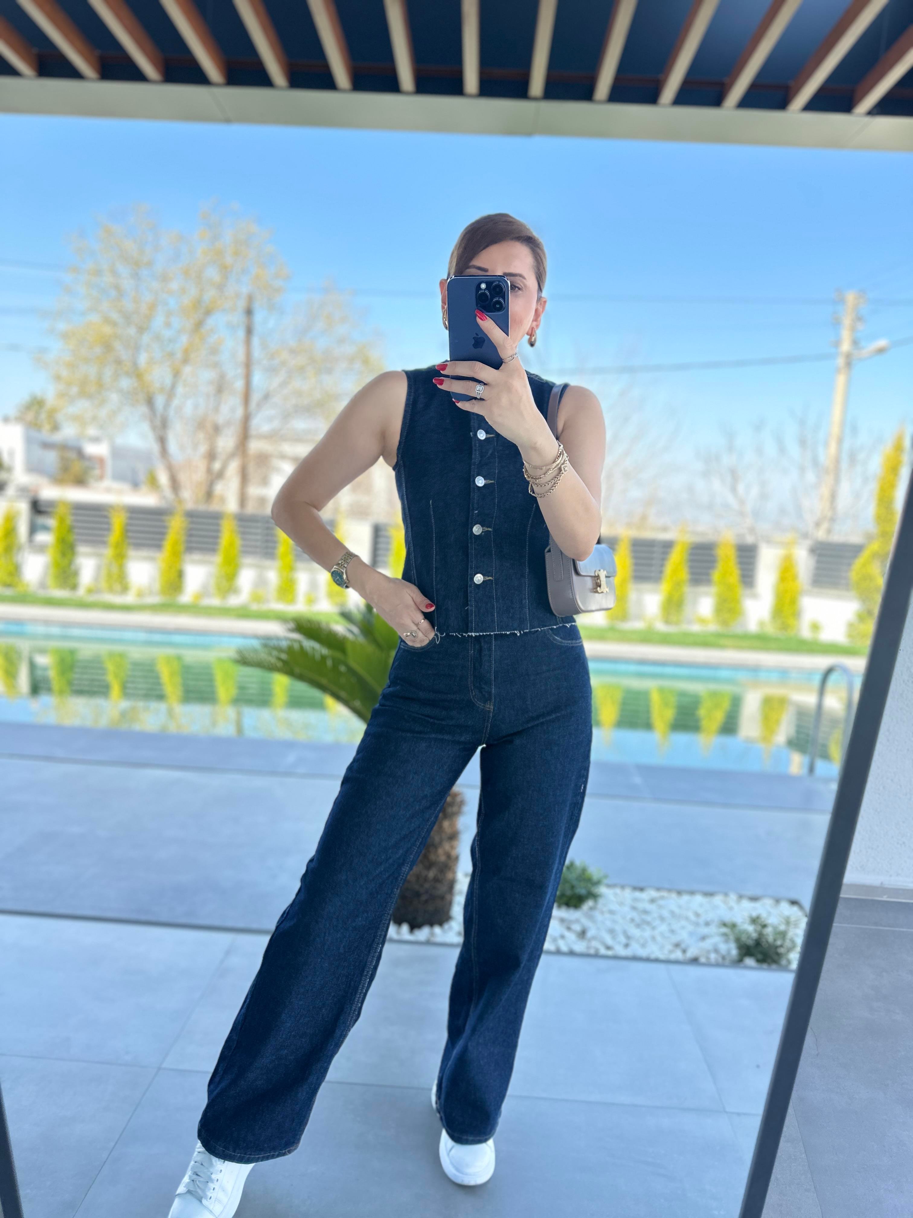 Denim Yelek Palazzo Pantolon İkili Takım