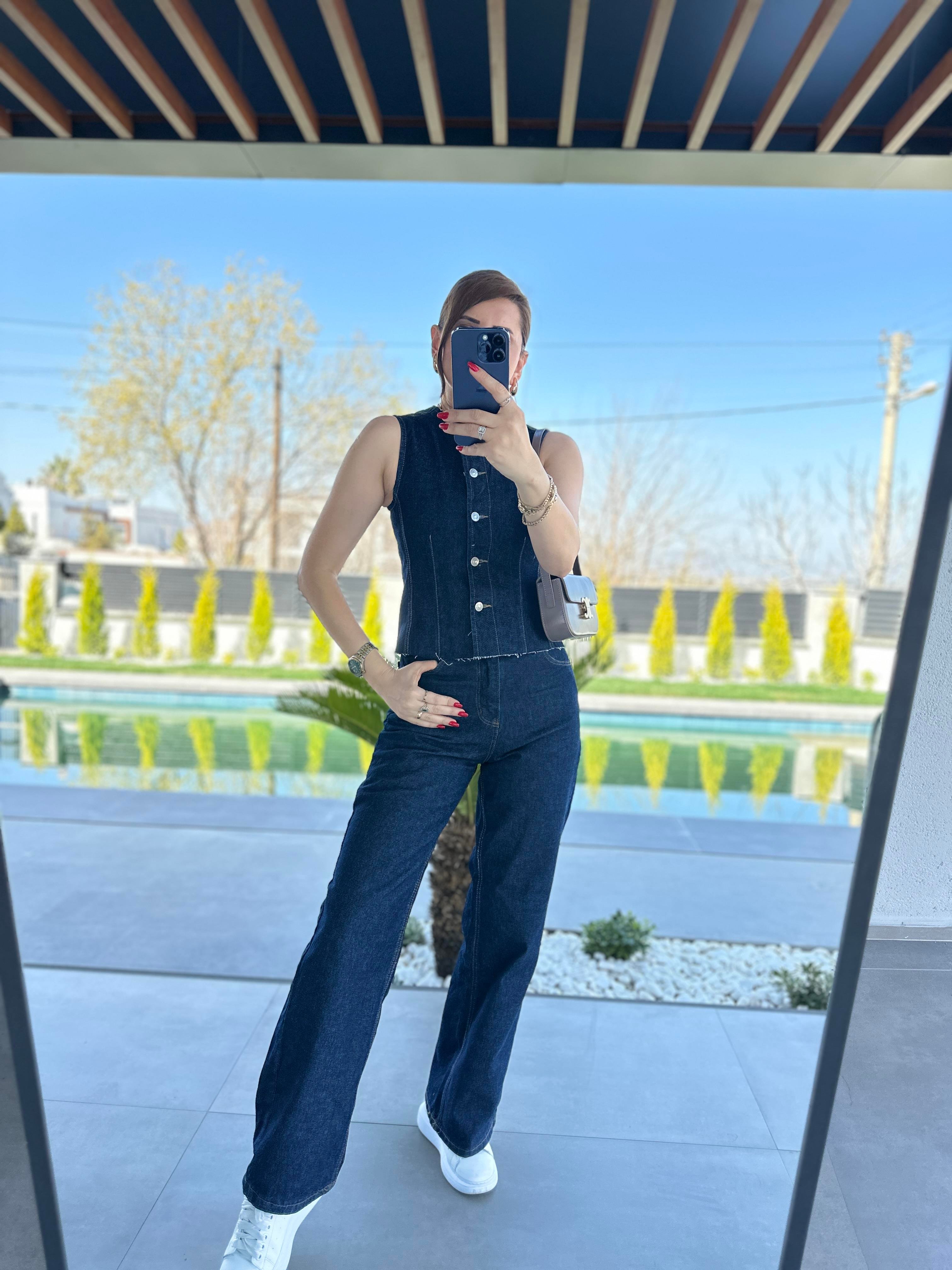 Denim Yelek Palazzo Pantolon İkili Takım