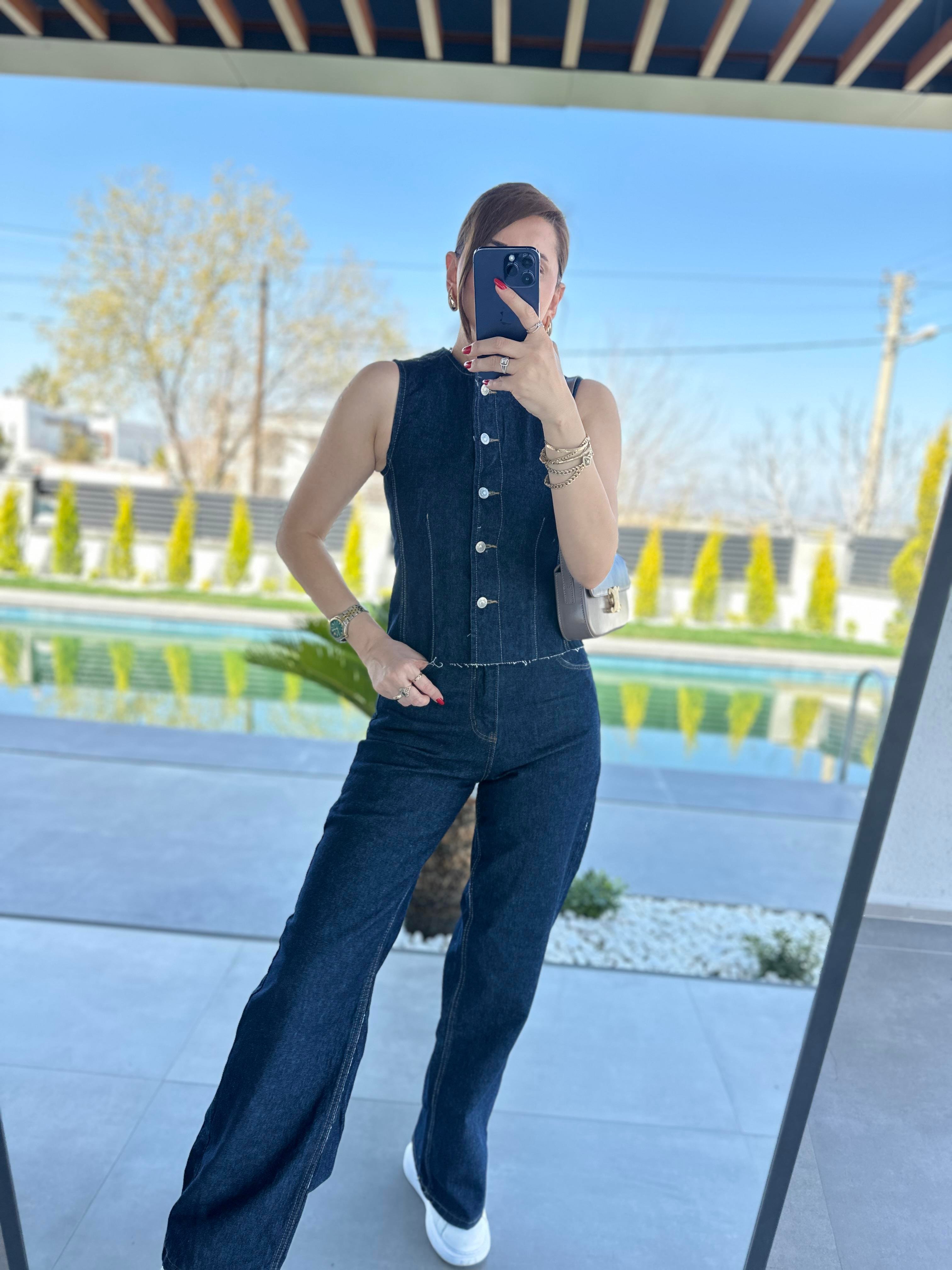 Denim Yelek Palazzo Pantolon İkili Takım