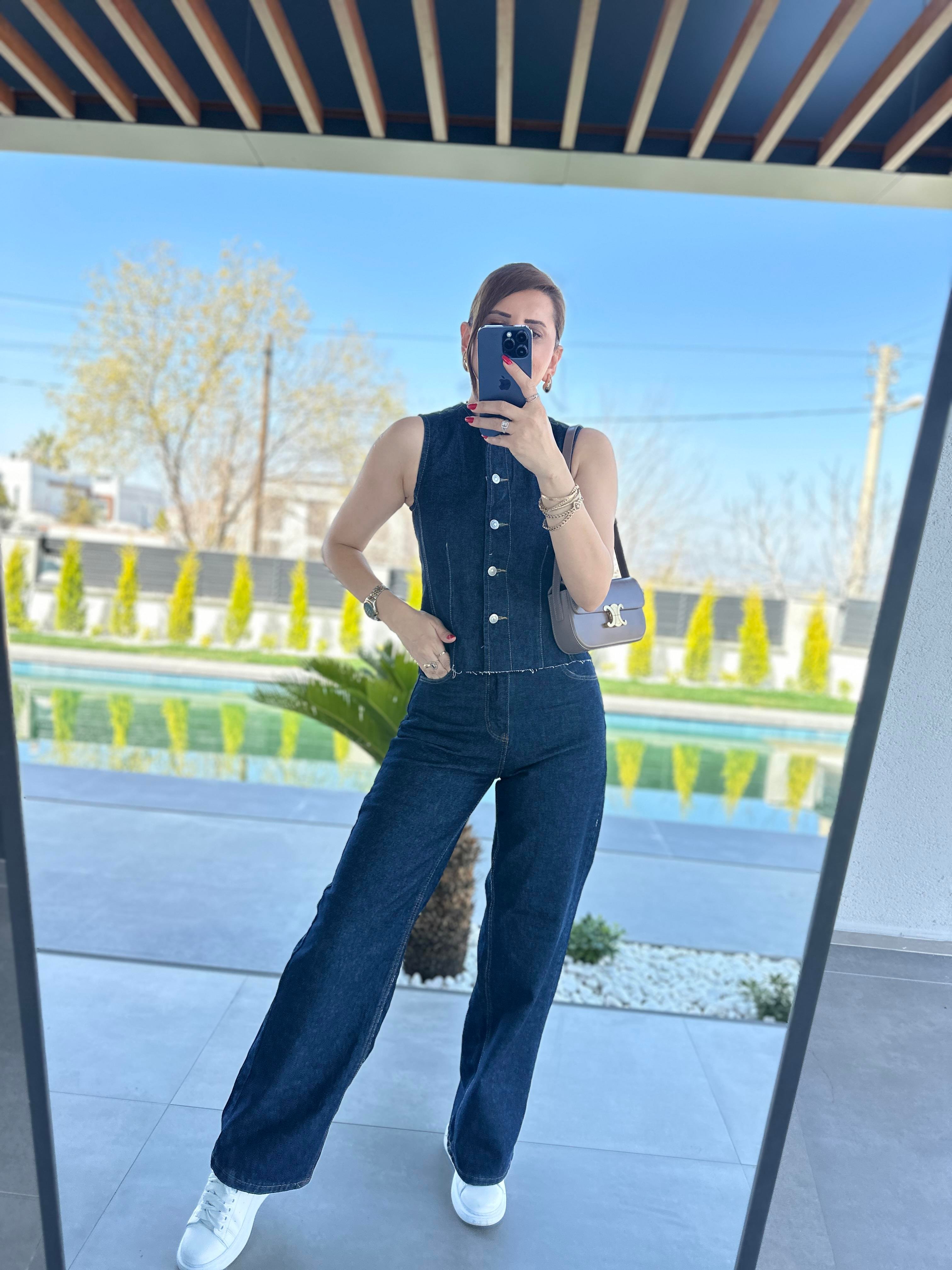 Denim Yelek Palazzo Pantolon İkili Takım