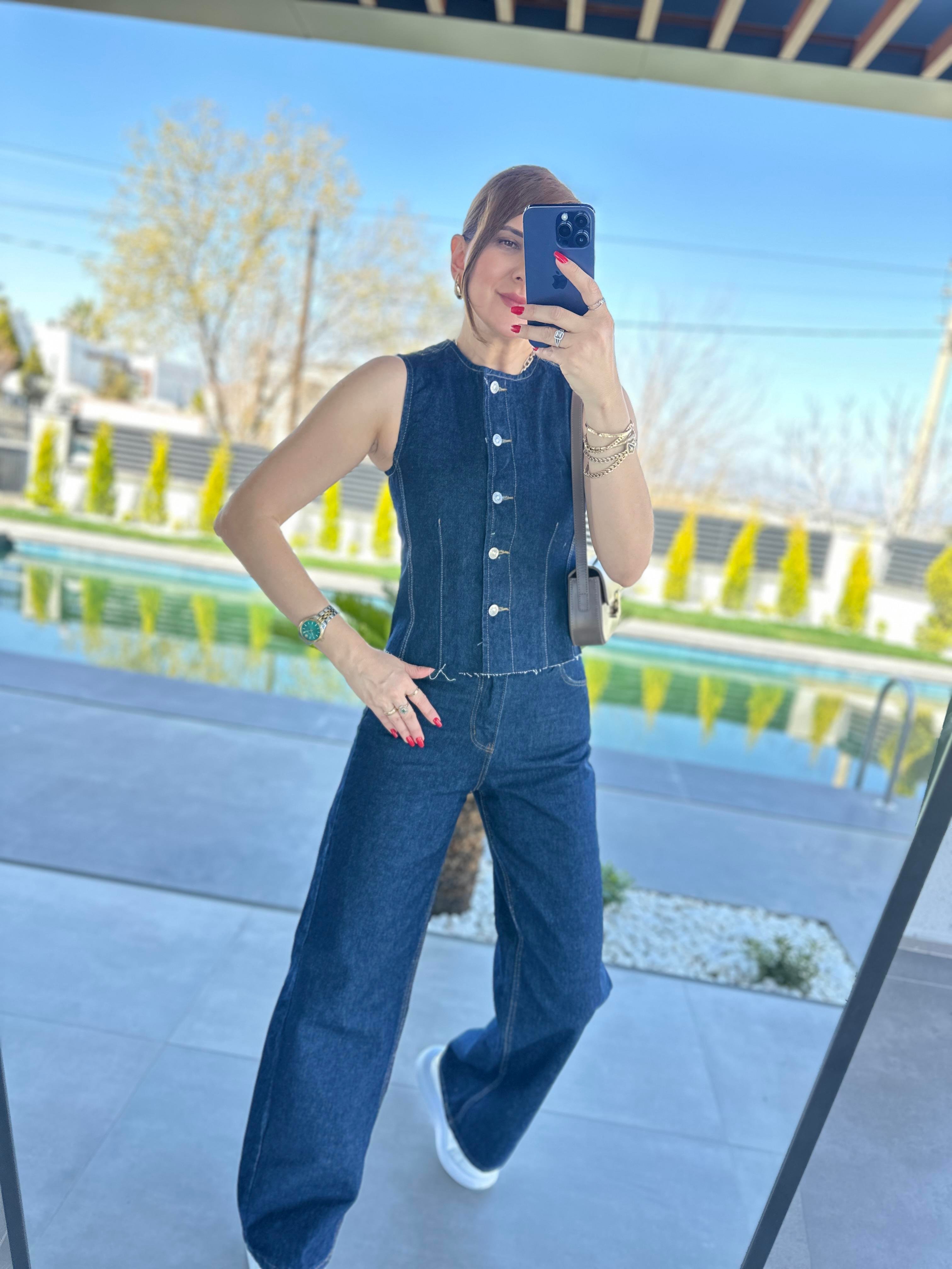 Denim Yelek Palazzo Pantolon İkili Takım