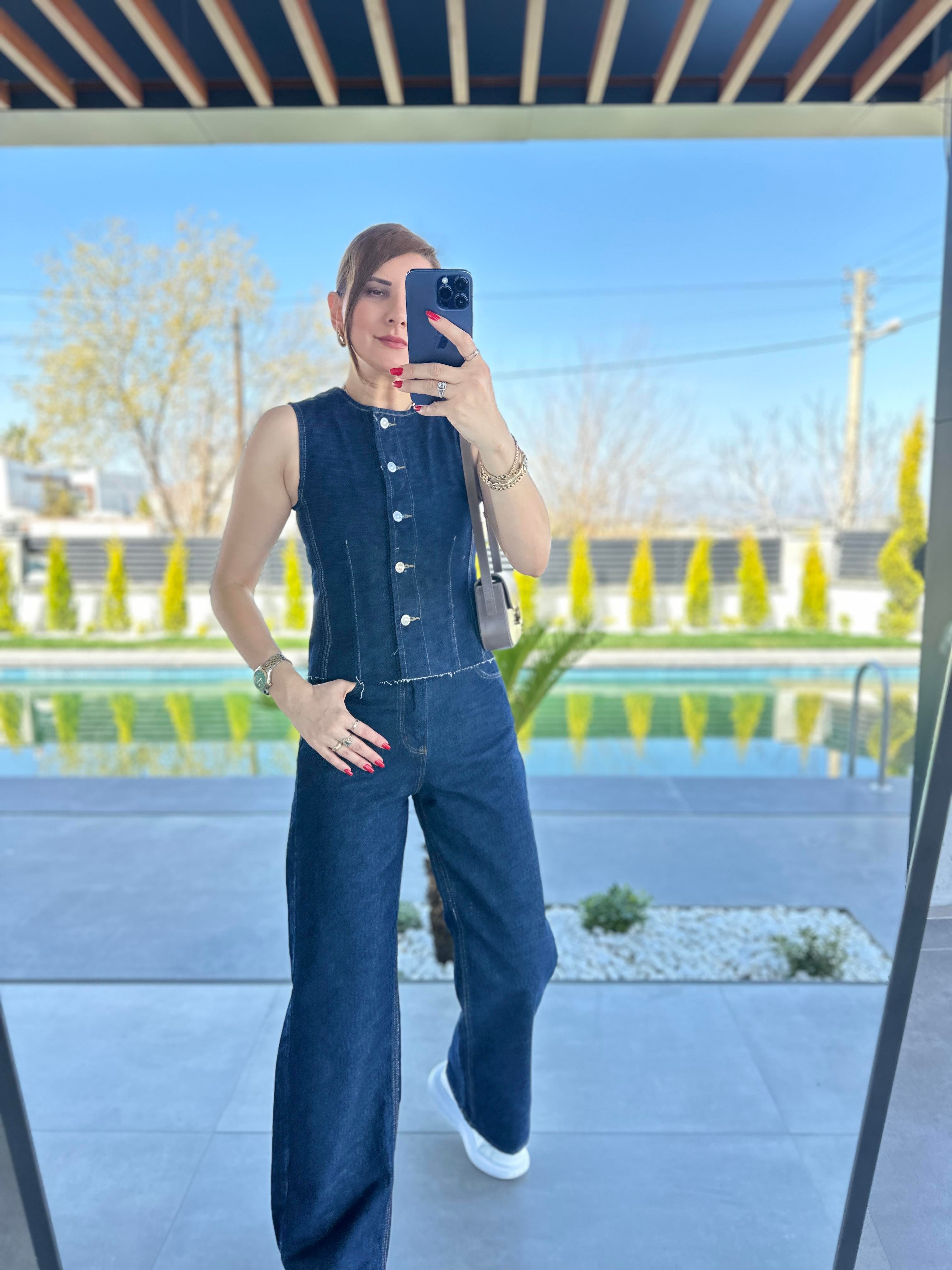 Denim Yelek Palazzo Pantolon İkili Takım