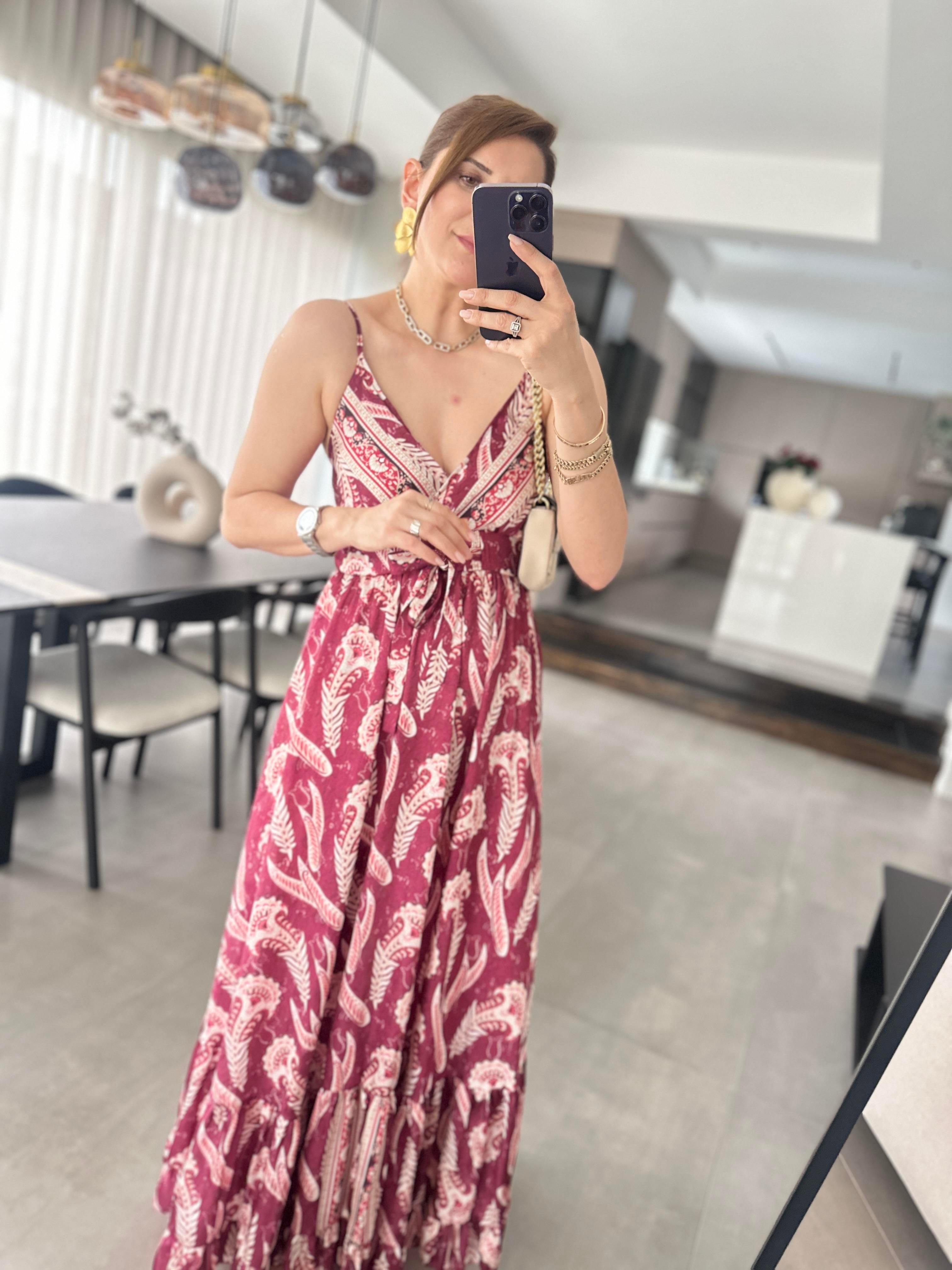 Desenli İp Askılı Elbise