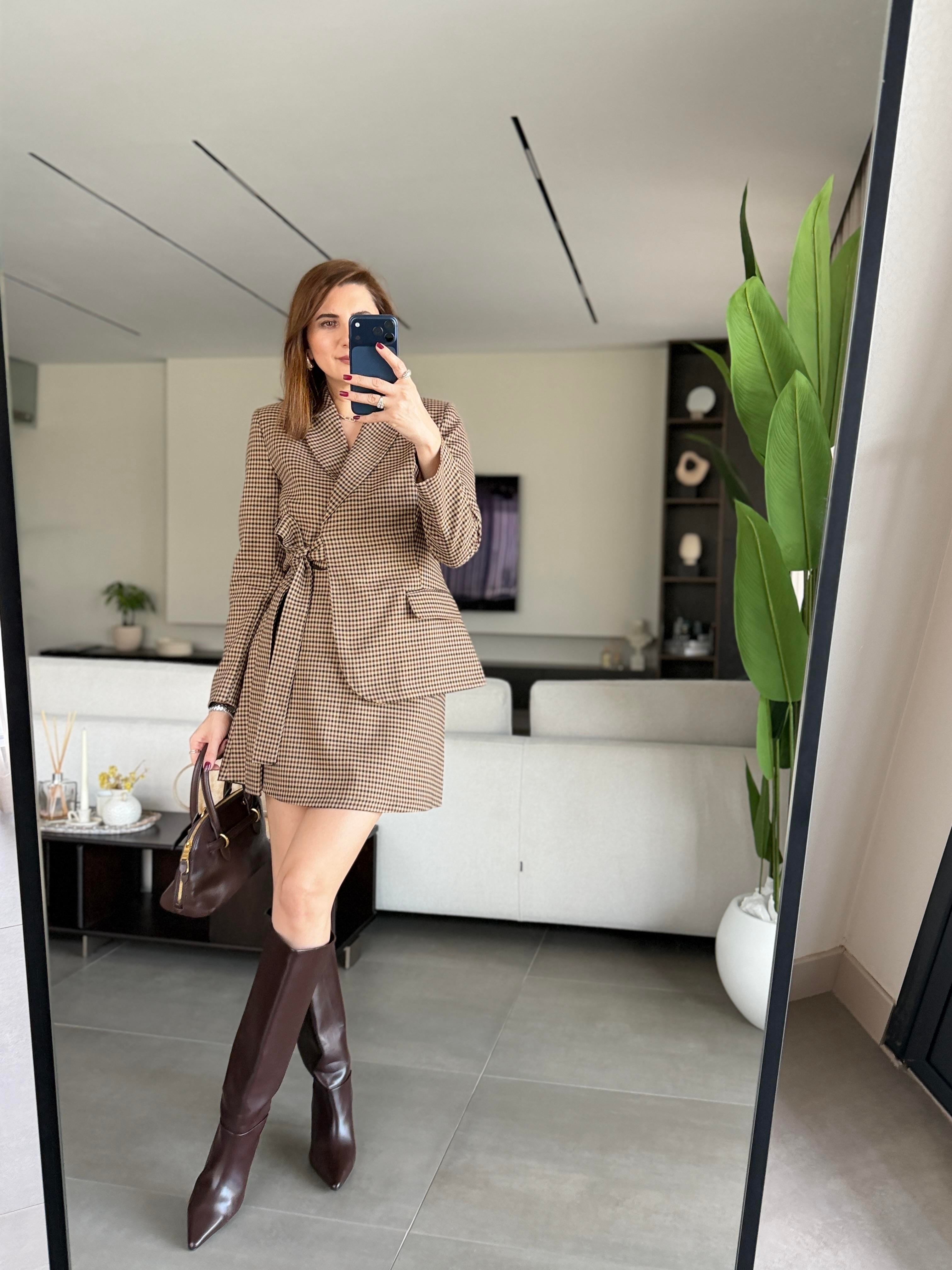 Ekoseli Blazer Ceket Etek Takım