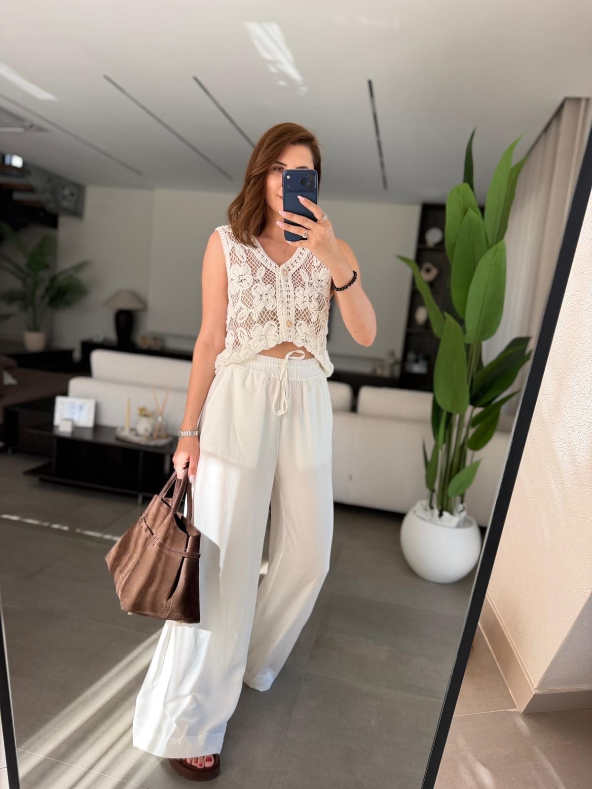 Ekru  Bel Bağcıklı Tencel Pantolon