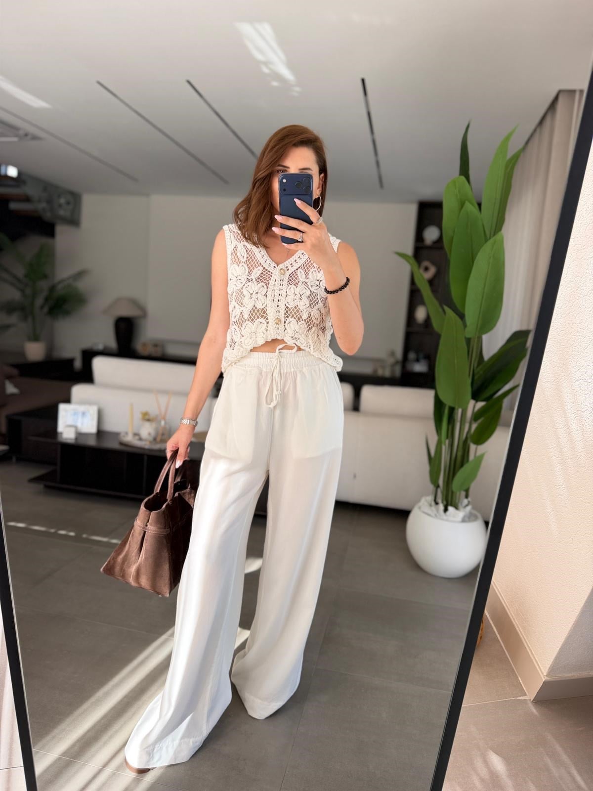 Ekru  Bel Bağcıklı Tencel Pantolon
