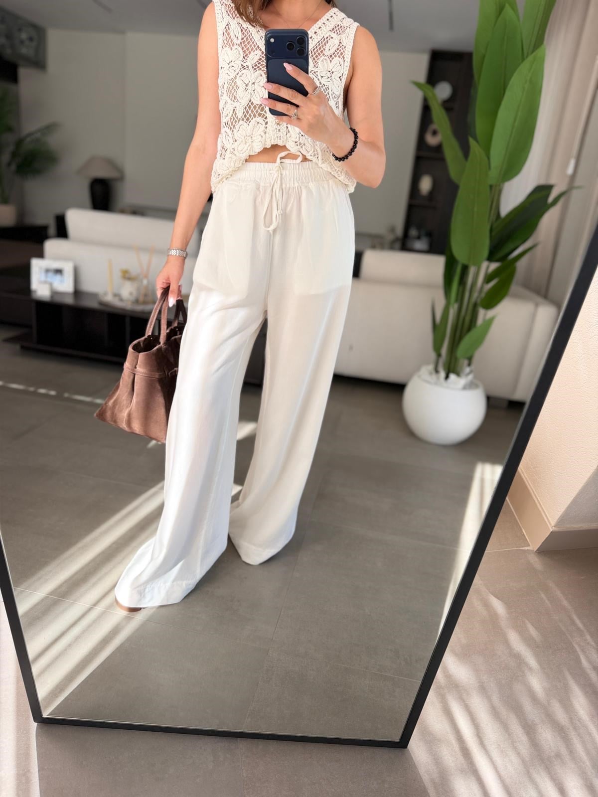Ekru  Bel Bağcıklı Tencel Pantolon