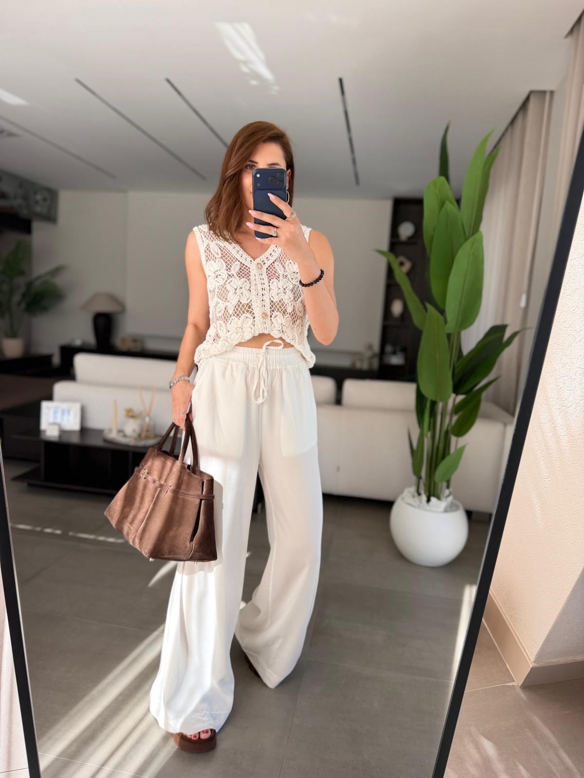 Ekru  Bel Bağcıklı Tencel Pantolon