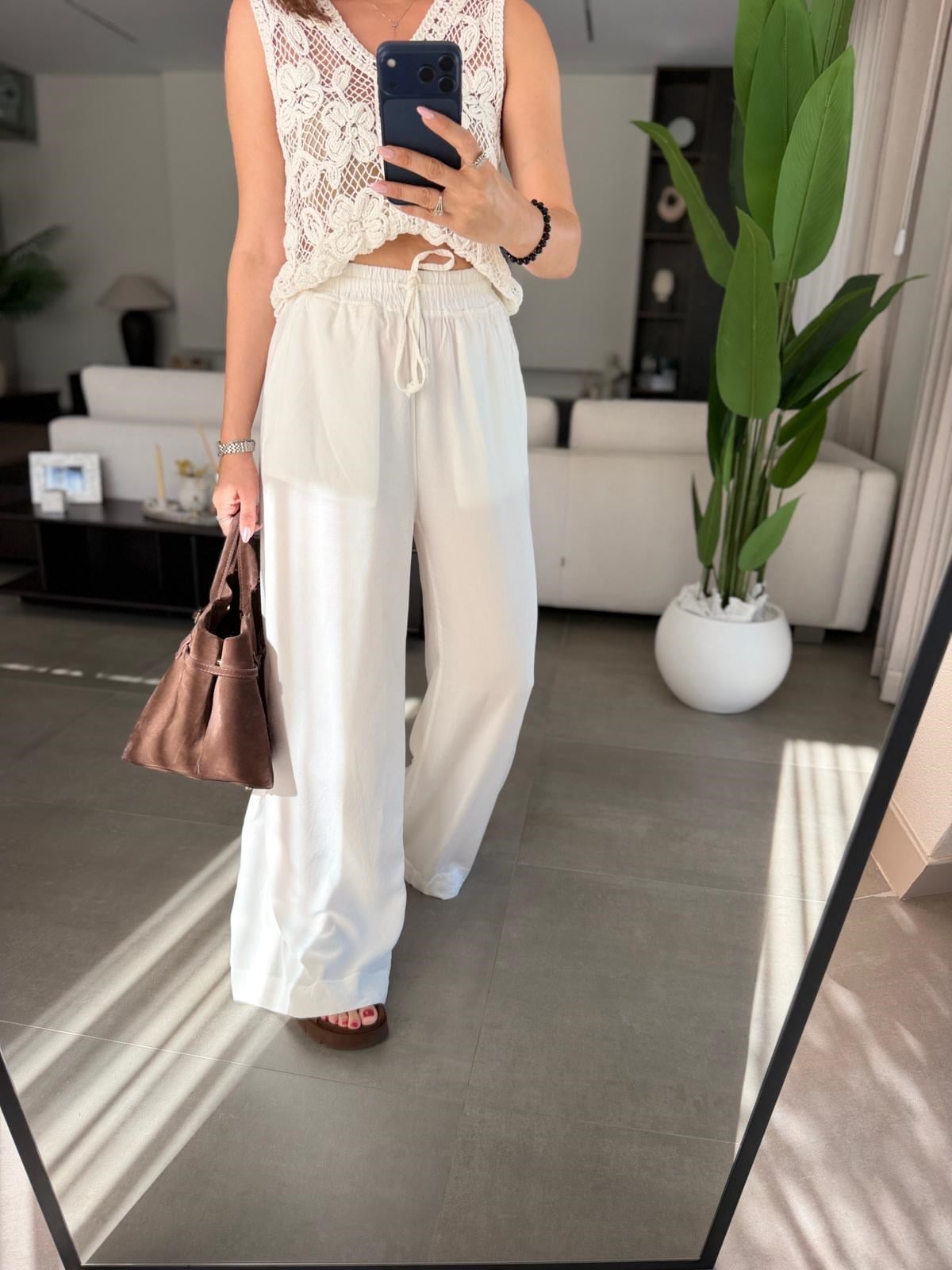 Ekru  Bel Bağcıklı Tencel Pantolon