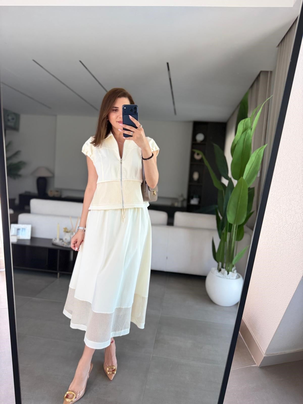 Ekru Büzgülü Kol Fileli Yelek Etek Takım
