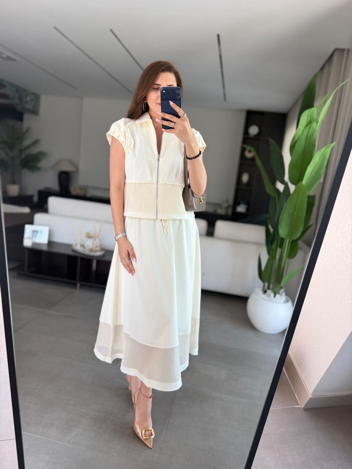 Ekru Büzgülü Kol Fileli Yelek Etek Takım