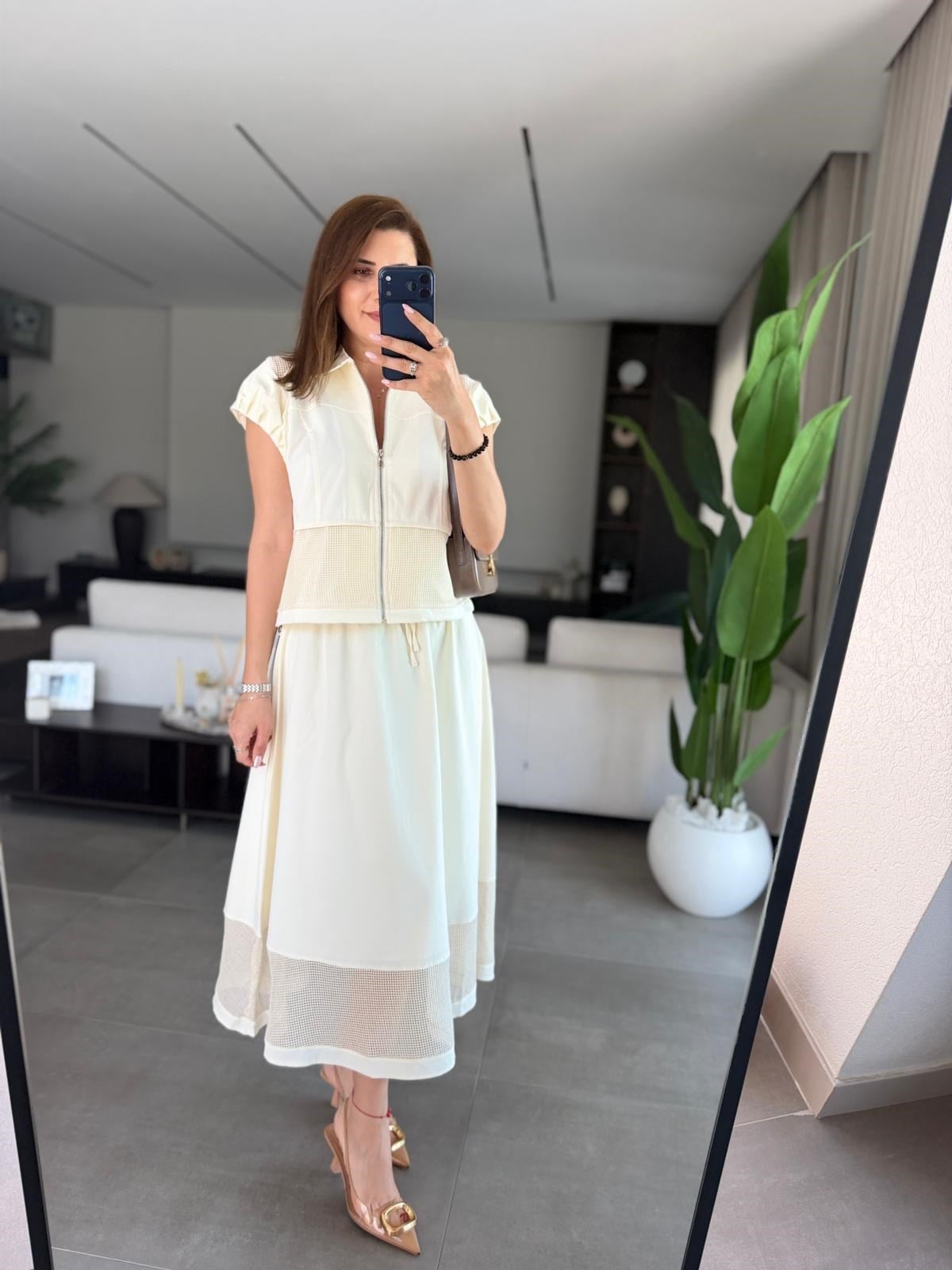 Ekru Büzgülü Kol Fileli Yelek Etek Takım