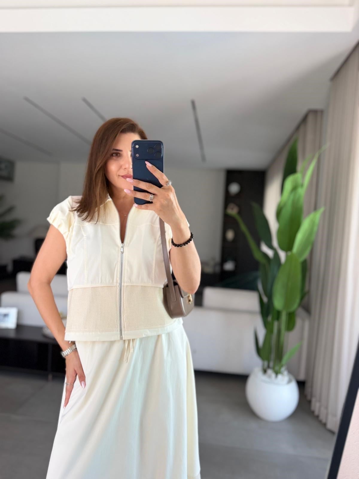 Ekru Büzgülü Kol Fileli Yelek Etek Takım