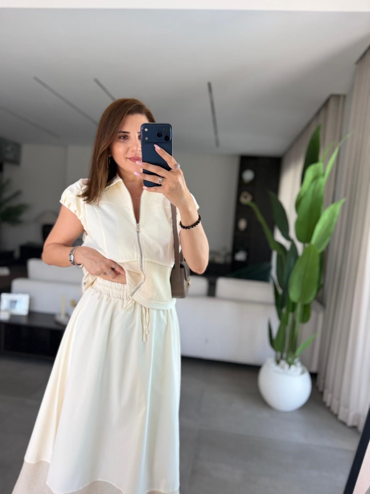 Ekru Büzgülü Kol Fileli Yelek Etek Takım