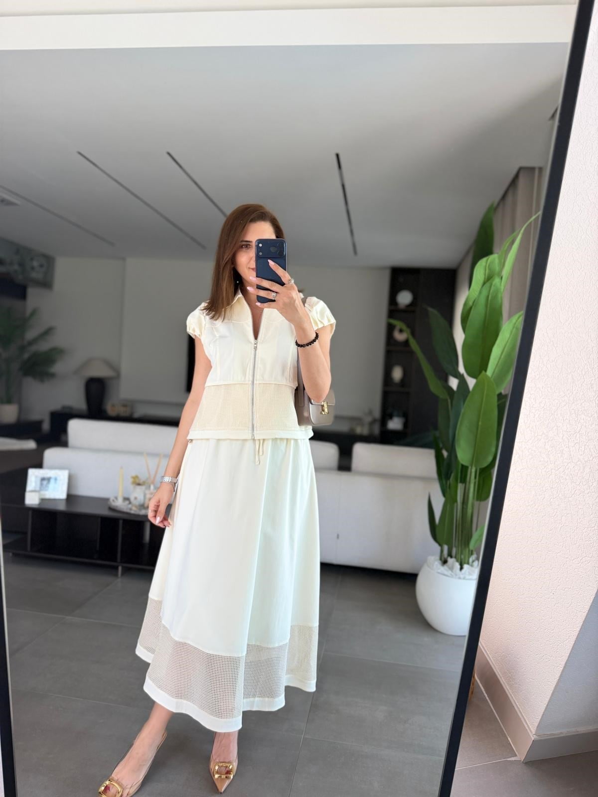 Ekru Büzgülü Kol Fileli Yelek Etek Takım