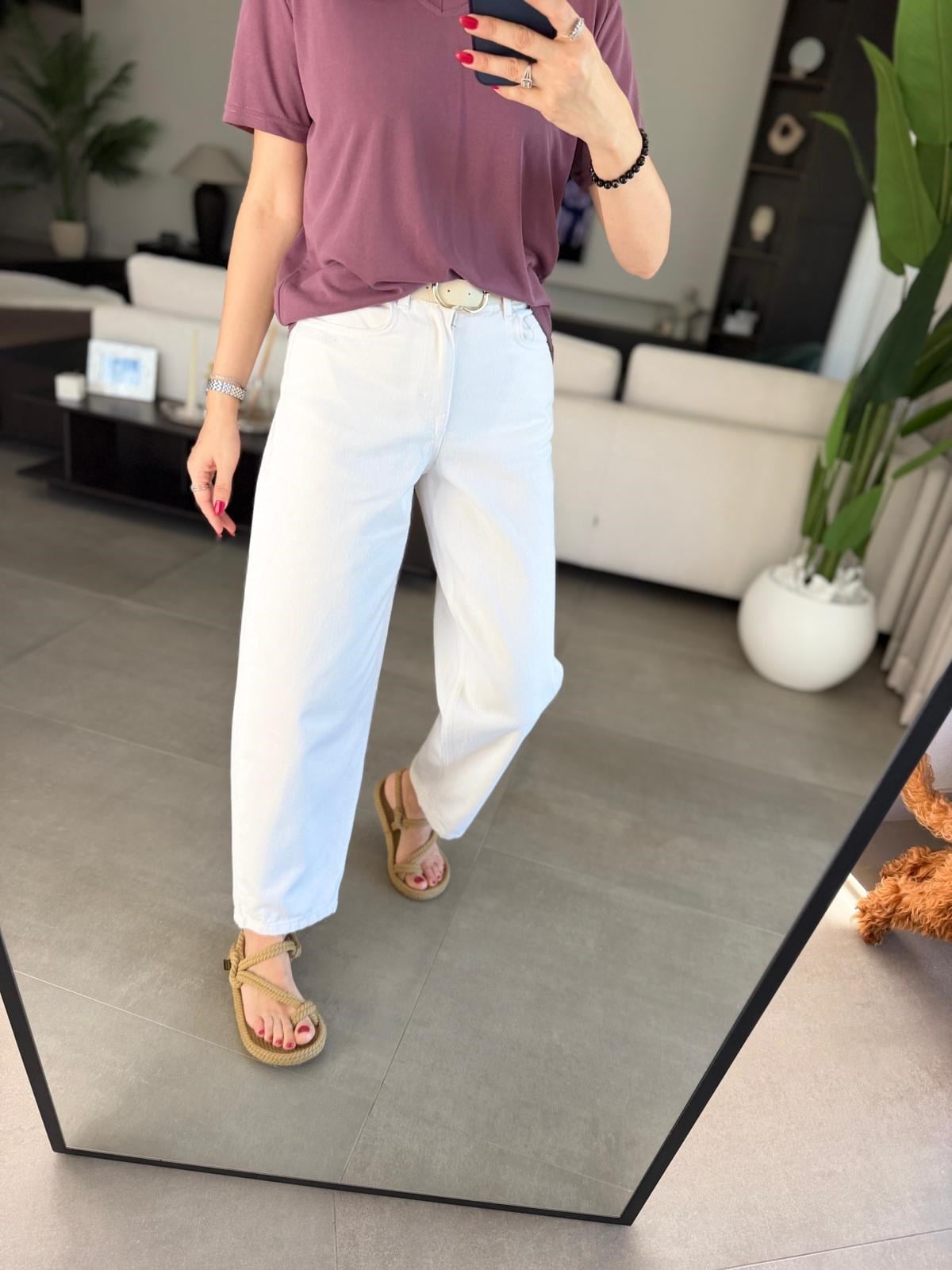 Ekru Kemerli Mom Jean