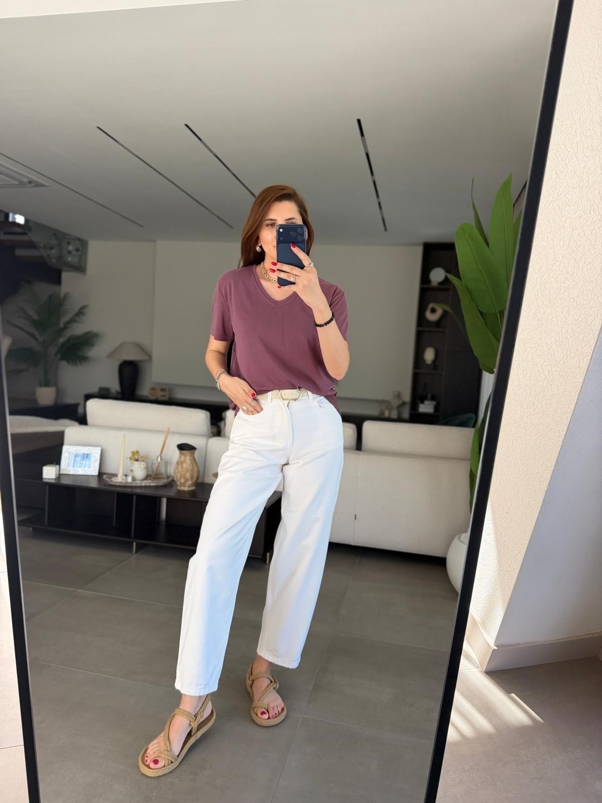 Ekru Kemerli Mom Jean