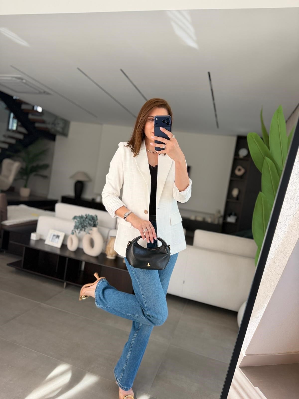 Ekru Kol Katlamalı Keten Astarlı Blazer Ceket