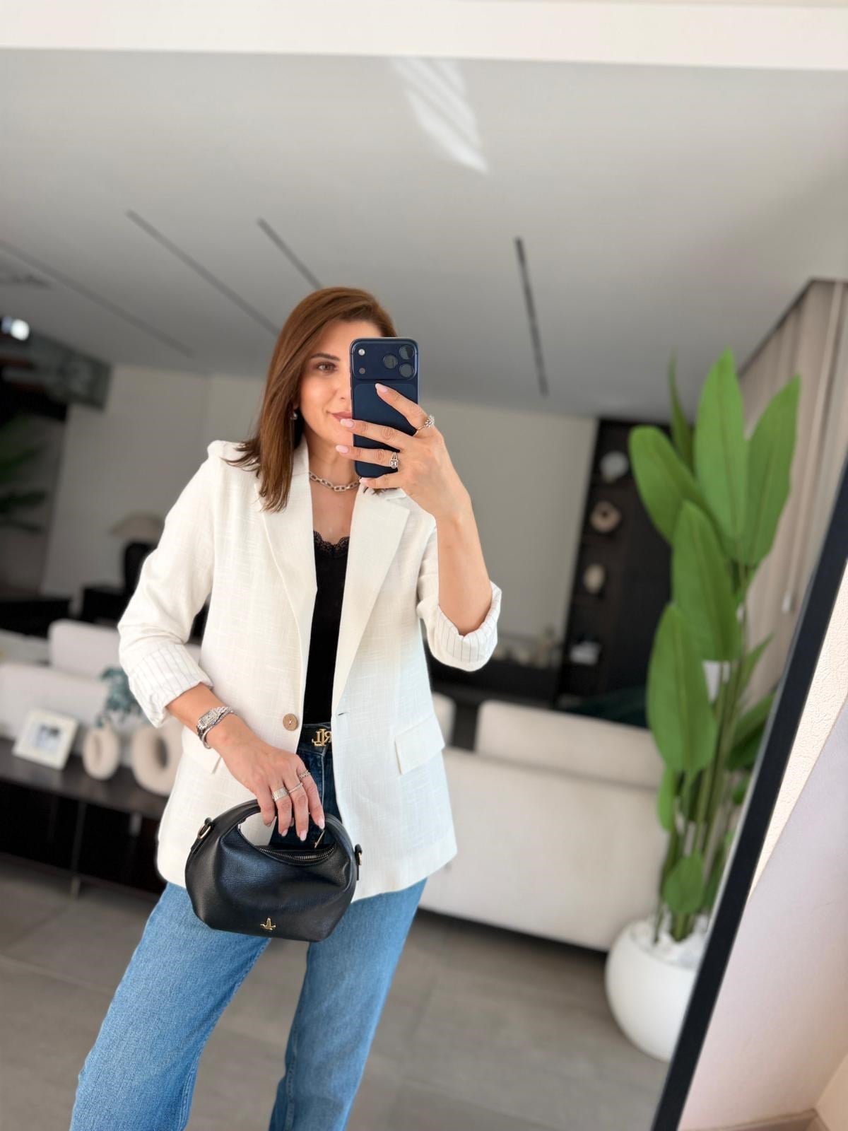 Ekru Kol Katlamalı Keten Astarlı Blazer Ceket