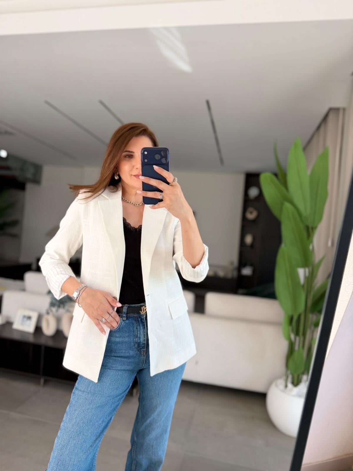 Ekru Kol Katlamalı Keten Astarlı Blazer Ceket