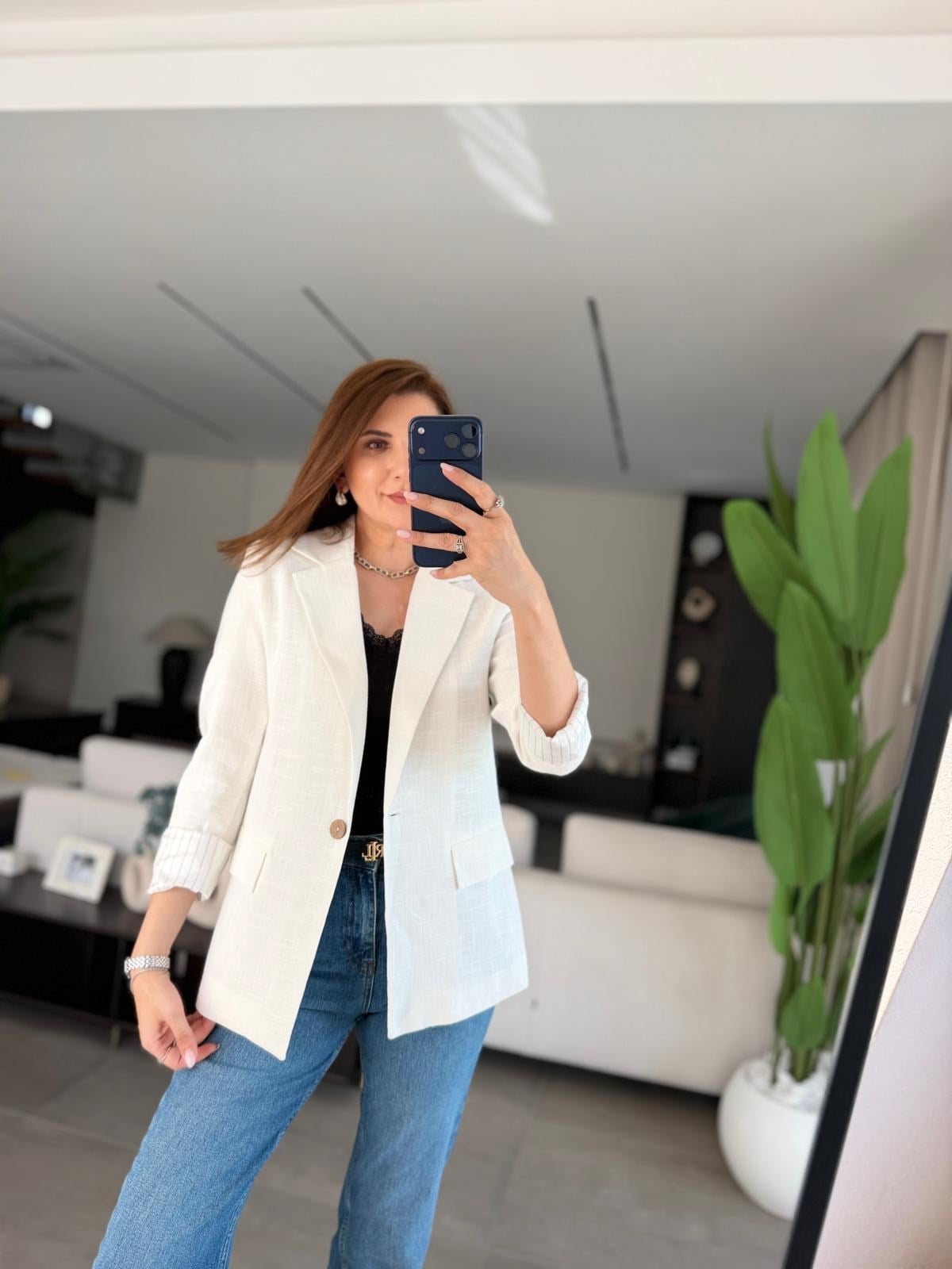 Ekru Kol Katlamalı Keten Astarlı Blazer Ceket