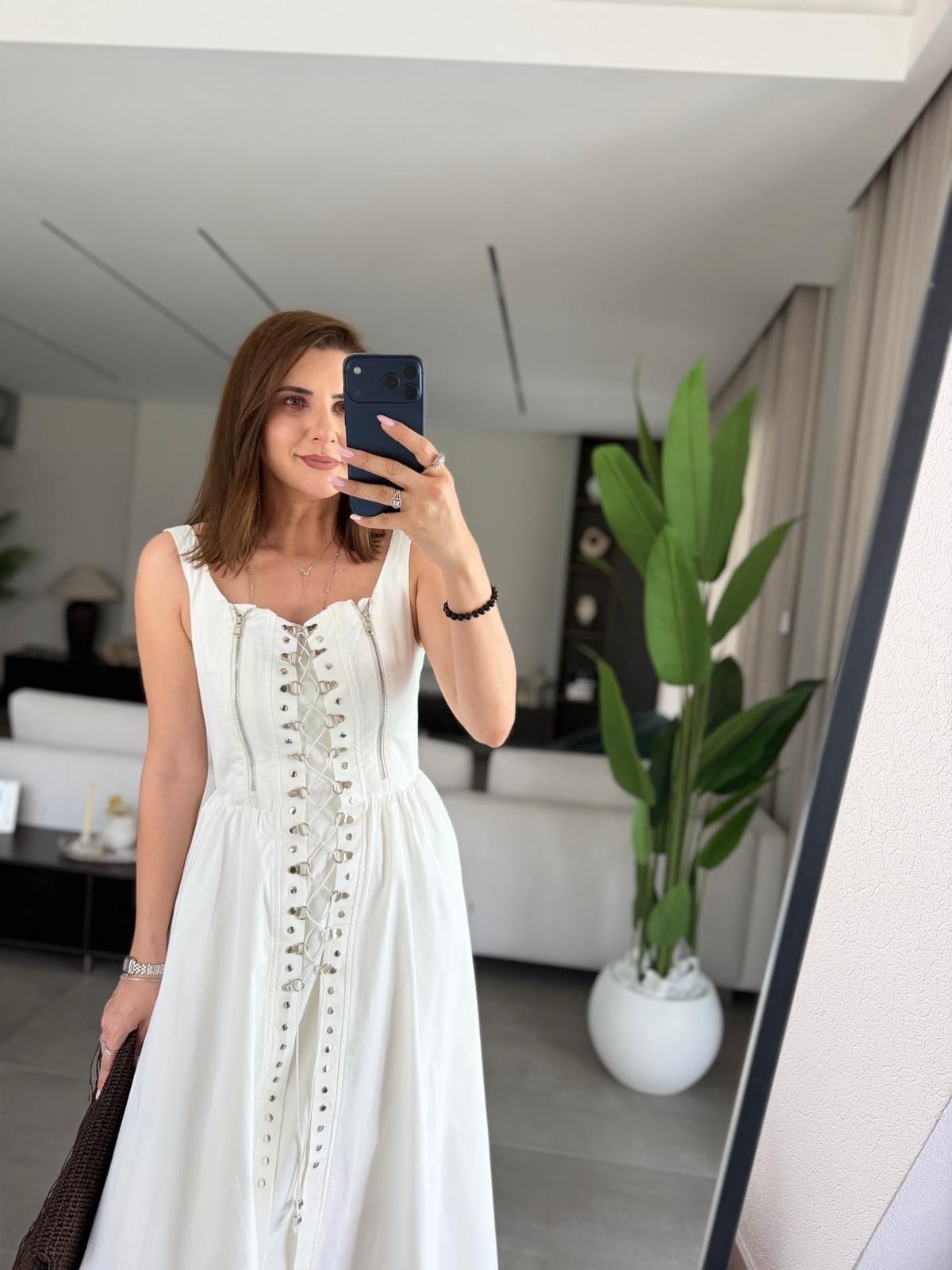 Ekru Ön Detaylı Riva Uzun Elbise